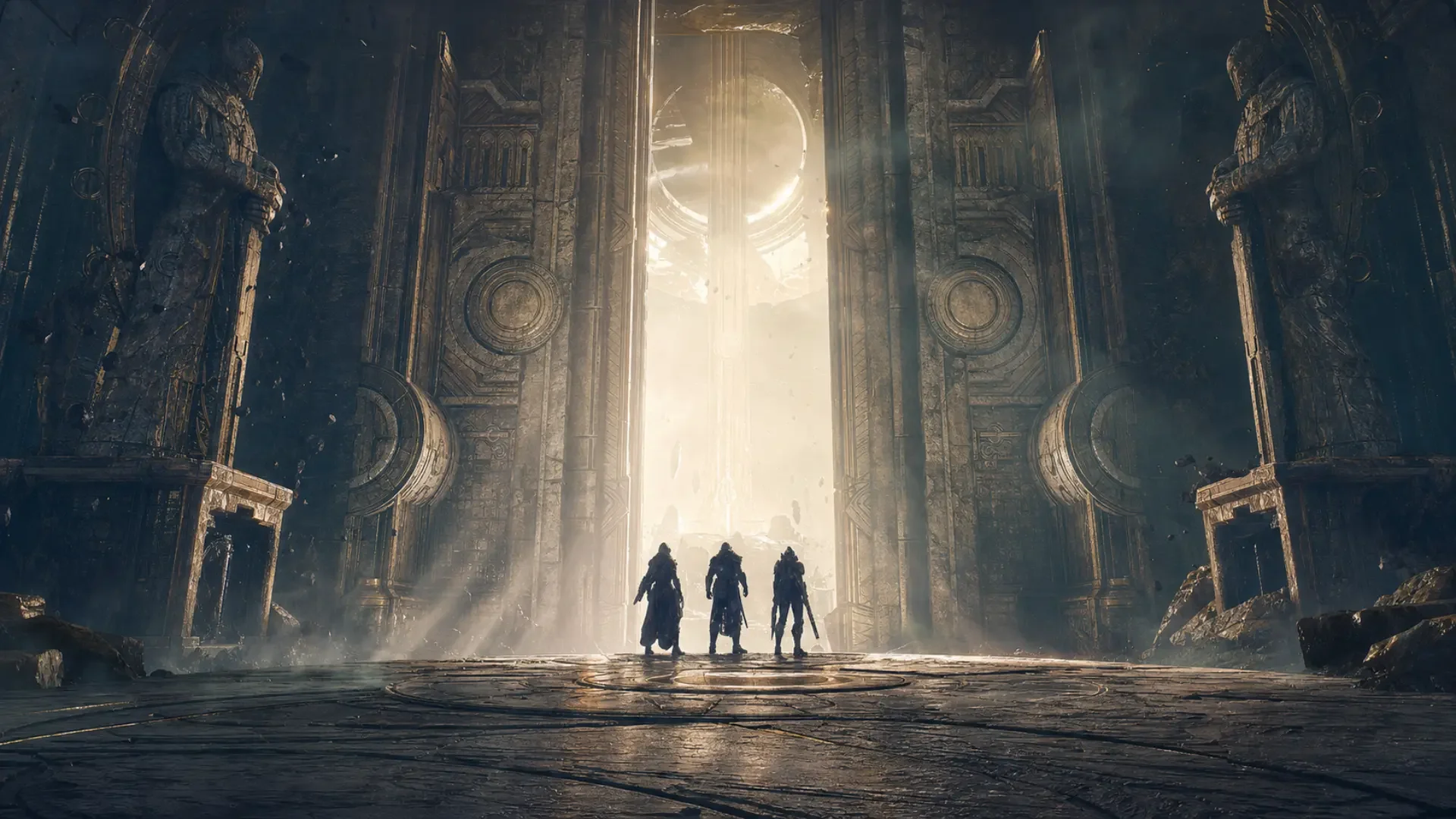 Fireteam of three Guardians at a Destiny 2 raid entrance