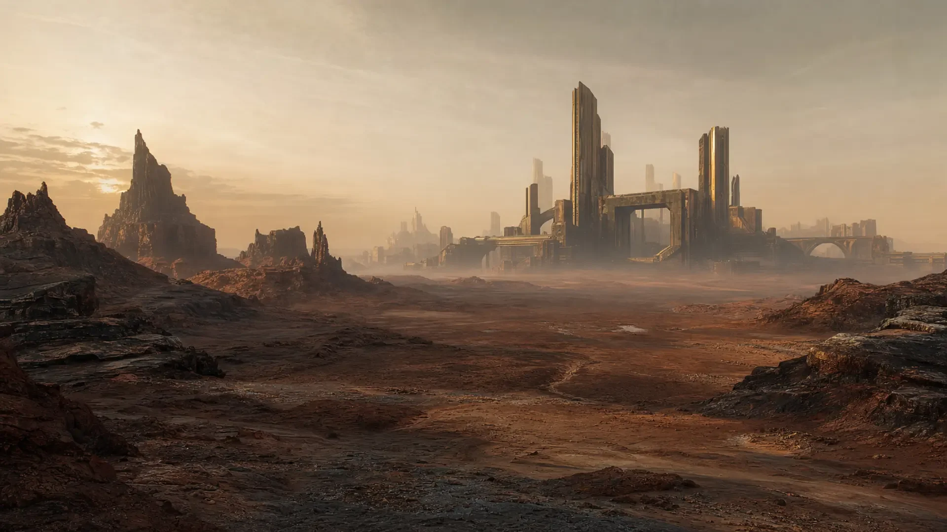 Rust-coloured alien plain with jagged rocks and abandoned industrial structures on the horizon