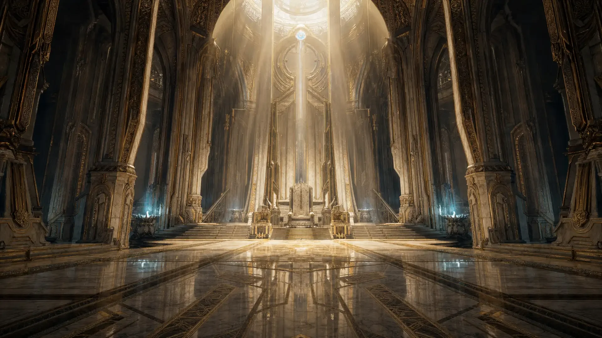 Concept art of an empty ornate alien throne room with vaulted ceilings and shafts of light