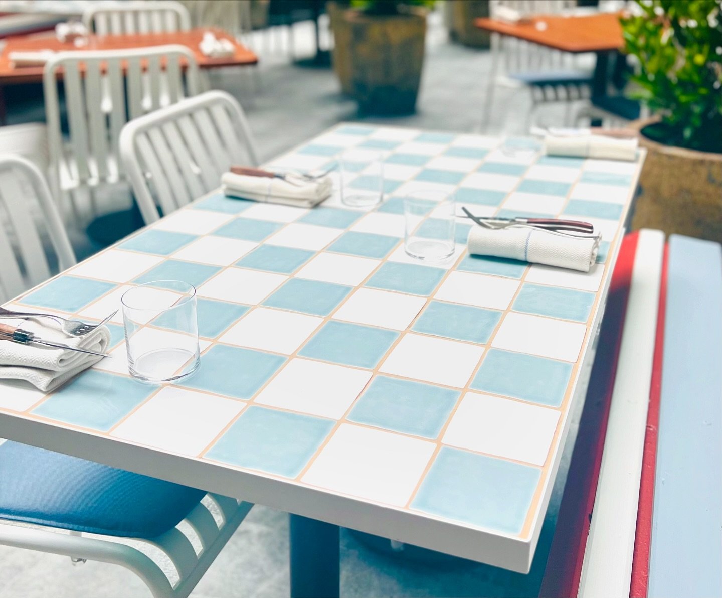 Dressed in checks at @chophouse_sydney.

&bull; Tiled outdoor tabletops with powder-coated aluminium frames &bull;

#customfurnituresydney #hospitalityfurniture #restaurantdesign #interiordesign #restaurantfurniture
