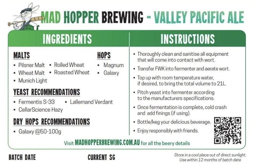 Mad Hopper Valley Pacific Ale fresh wort kit lable