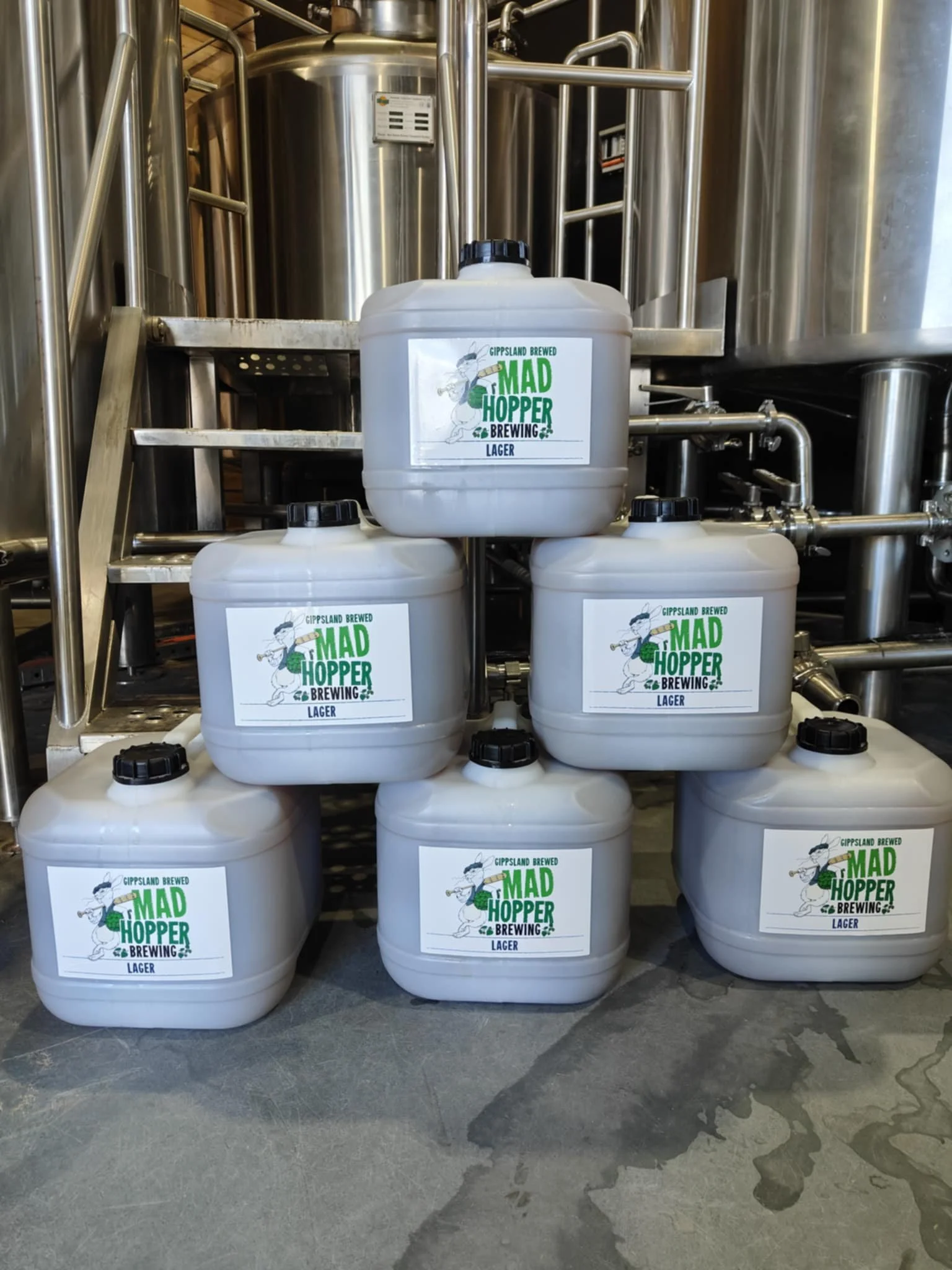 Six white containers with black caps labeled 'Mad Hopper Brewing' stacked in front of brewing equipment, behind a step ladder.