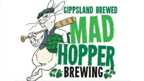 A cartoon rabbit holding a mug and a hop cone, with text 'Gippsland Brewed Mad Hopper Brewing' surrounding it.