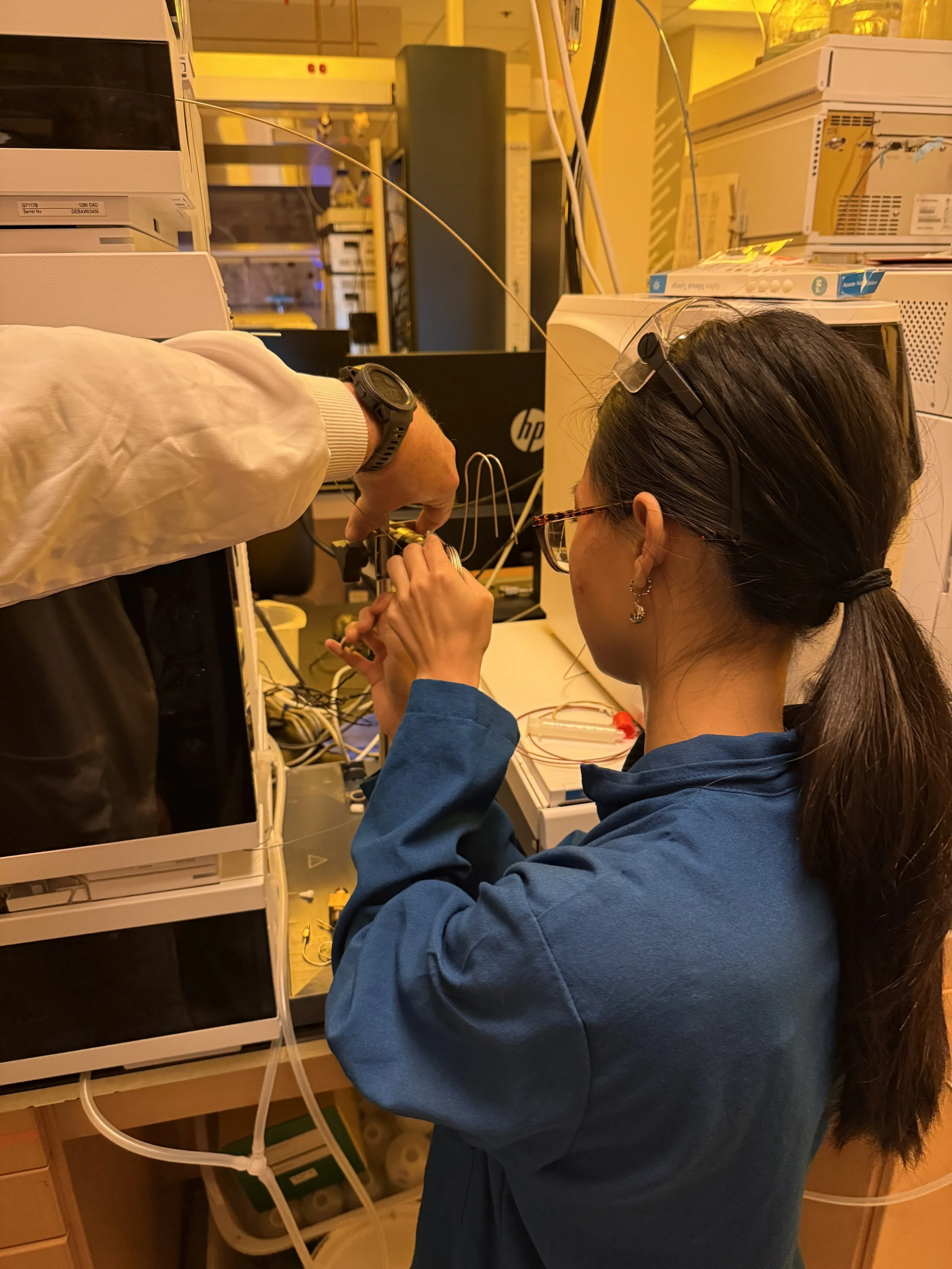 Wendy installing the first column on our new HPLC! Yippee!    

April 27, 2026  
Irvine, CA  
