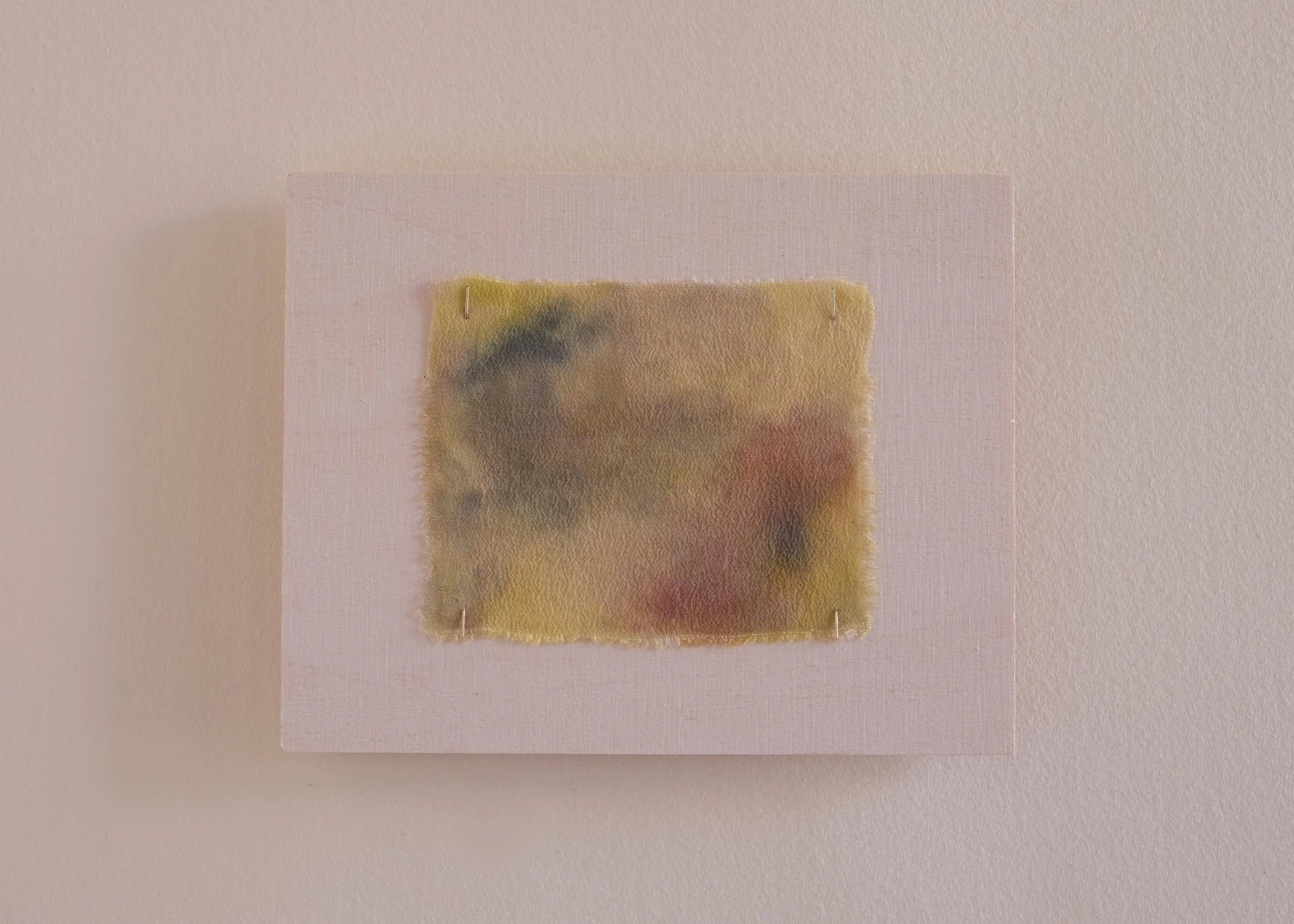 'Quietly come, quietly go', 2025. Edition 1 of 80. Birch ply, silk crepe de chine, foraged plant pigments, steel. 12 × 15 cm. Part of 'Quietly come, quietly go' PhD fundraiser. Private collection.