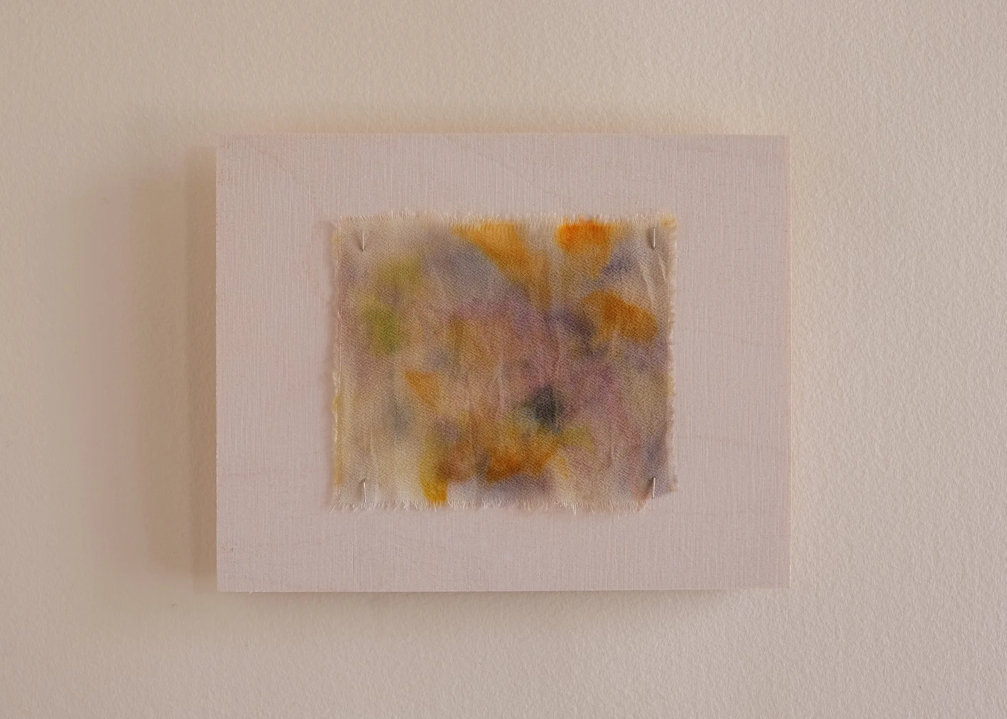 'Quietly come, quietly go', 2025. Edition 72 of 80. Birch ply, silk crepe de chine, foraged plant pigments, steel. 12 × 15 cm. Part of 'Quietly come, quietly go' PhD fundraiser. Private collection.