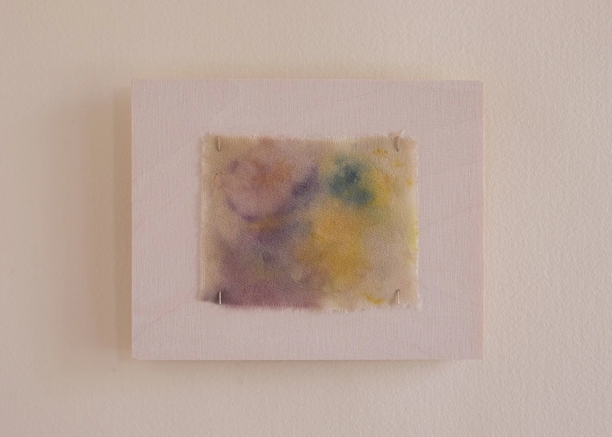 'Quietly come, quietly go', 2025. Edition 64 of 80. Birch ply, silk crepe de chine, foraged plant pigments, steel. 12 × 15 cm. Part of 'Quietly come, quietly go' PhD fundraiser. Private collection.