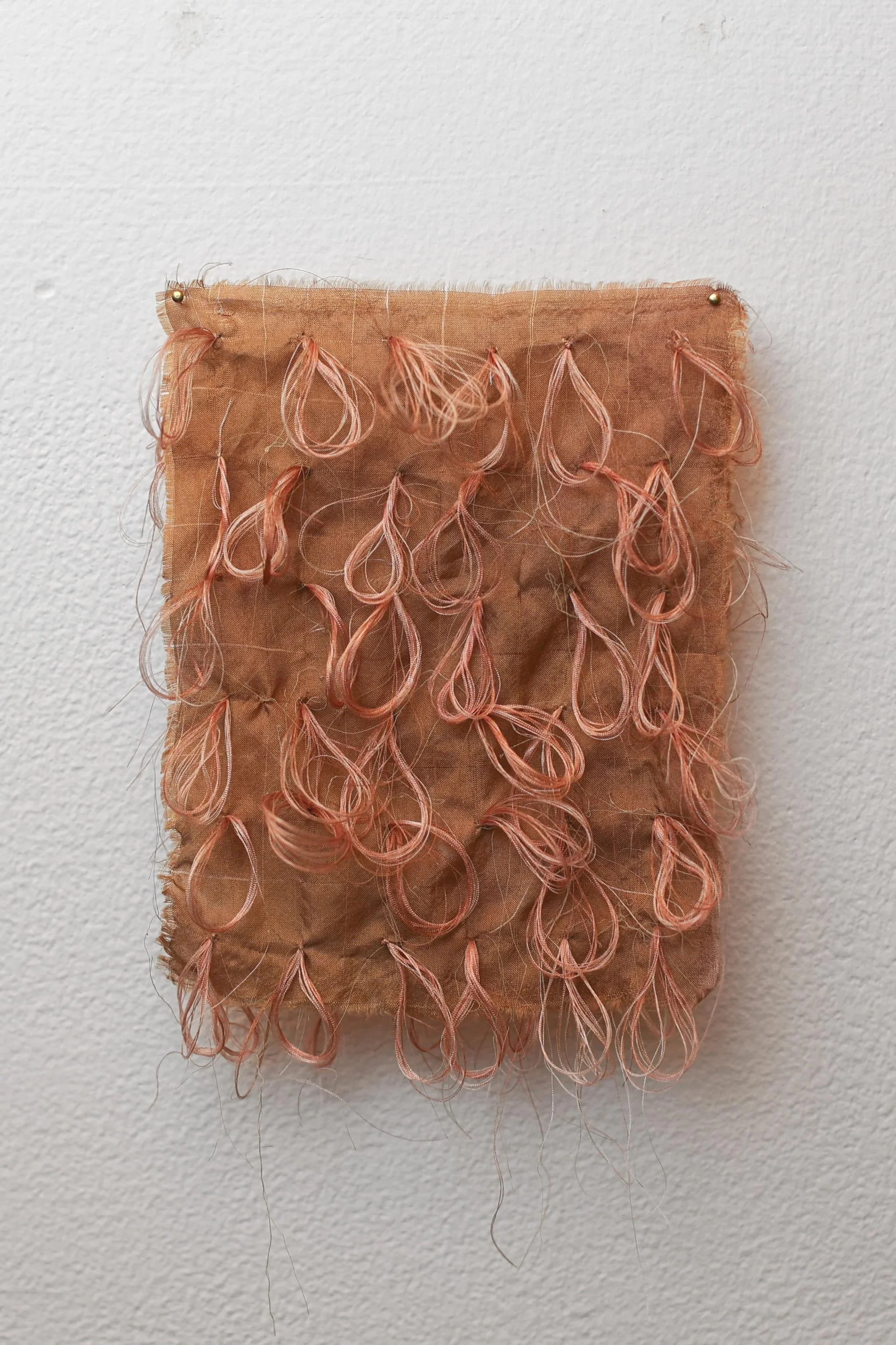 'Thin Skin, Thin Places', 2025. Silk, rosemary pigment, brass. 15 x 12 cm. Presented as part of 'Surfaced', Beaconsfield Gallery, London. Photography: Joseph Hall.