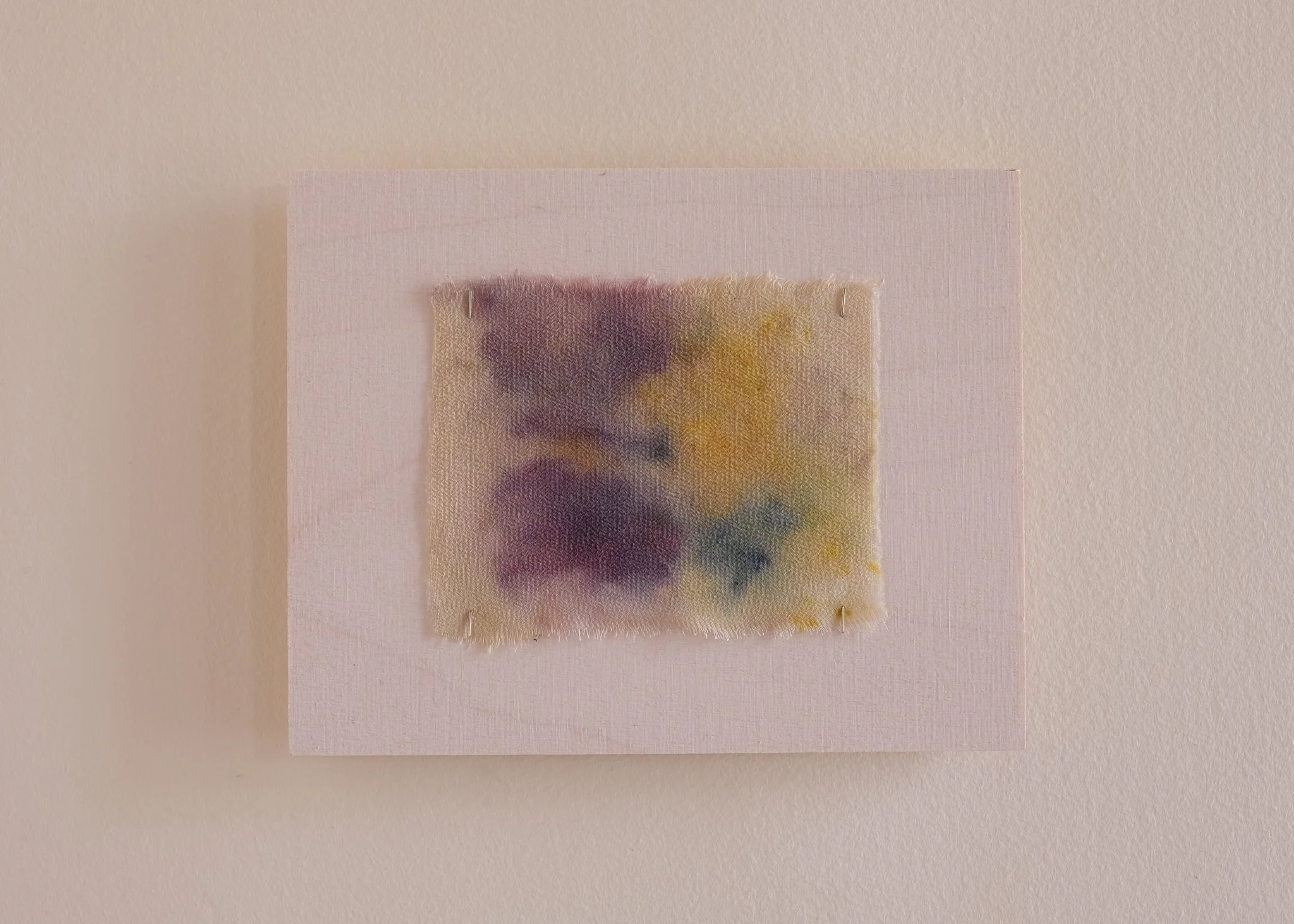 'Quietly come, quietly go', 2025. Edition 56 of 80. Birch ply, silk crepe de chine, foraged plant pigments, steel. 12 × 15 cm. Part of 'Quietly come, quietly go' PhD fundraiser. Private collection.