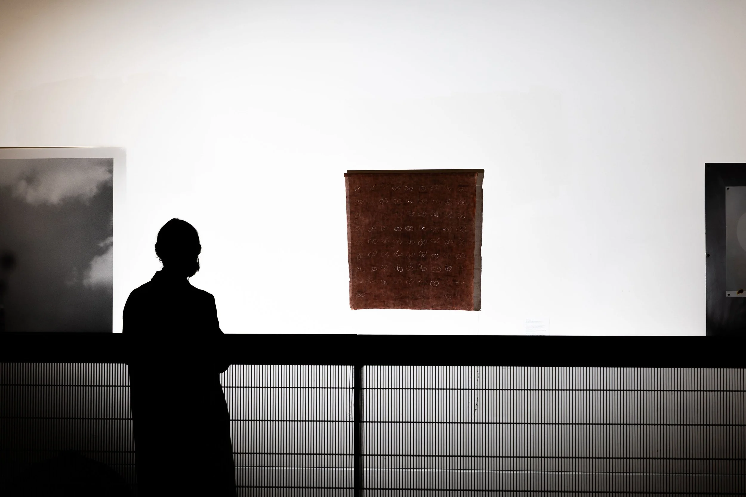 'Secretions', 2025. Crepe de chine, silk filament, pigment, oxidised steel pins. 73 x 73 cm. Presented as part of 'RCA Research Biennale 2025', Royal College of Art, London. Photography: Joseph Hall.