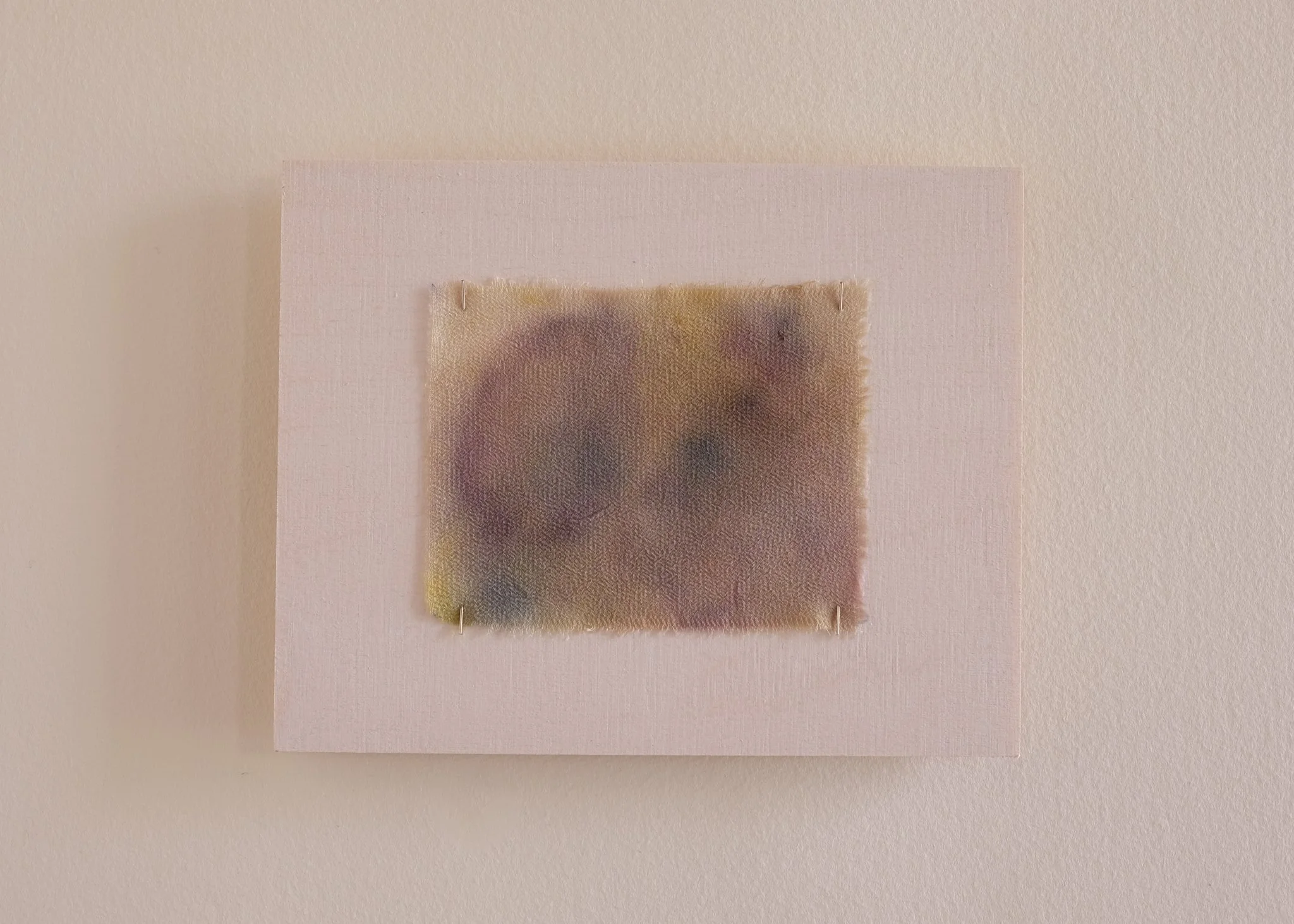 'Quietly come, quietly go', 2025. Edition 51 of 80. Birch ply, silk crepe de chine, foraged plant pigments, steel. 12 × 15 cm. Part of 'Quietly come, quietly go' PhD fundraiser. Private collection.