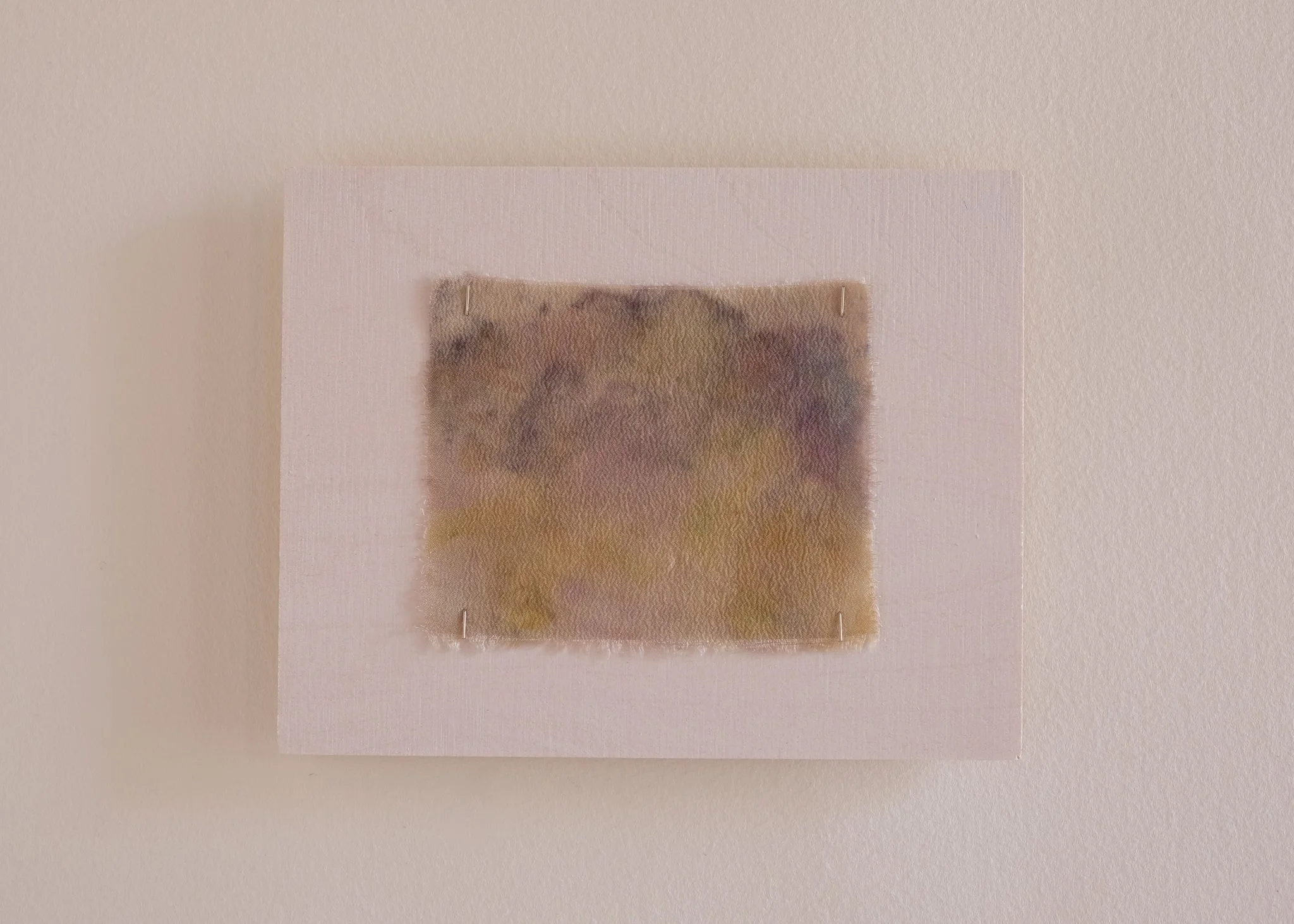 'Quietly come, quietly go', 2025. Edition 21 of 80. Birch ply, silk crepe de chine, foraged plant pigments, steel. 12 × 15 cm. Part of 'Quietly come, quietly go' PhD fundraiser. Private collection.
