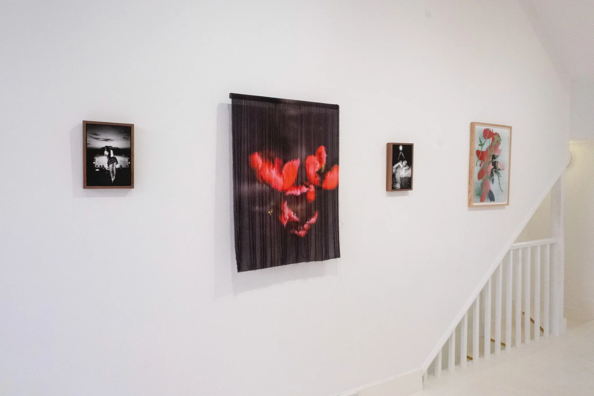 'The Universe Gathers Around the Dreams of Tulips', 2026. Silk, mahogany. 92 x 66.5 x 2.8 cm. Presented as part of 'Are We Really Here?', HBH Gallery, Fitzrovia, London. Private collection. Photography: Thomas Hjelm. Also featured : Linda Zhengová an