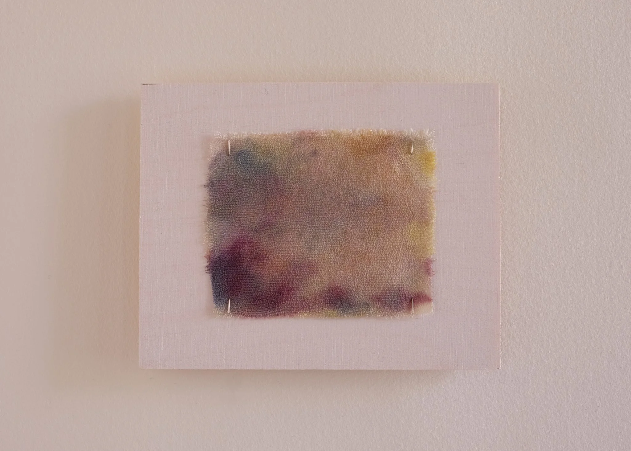 'Quietly come, quietly go', 2025. Edition 10 of 80. Birch ply, silk crepe de chine, foraged plant pigments, steel. 12 × 15 cm. Part of 'Quietly come, quietly go' PhD fundraiser. Private collection.