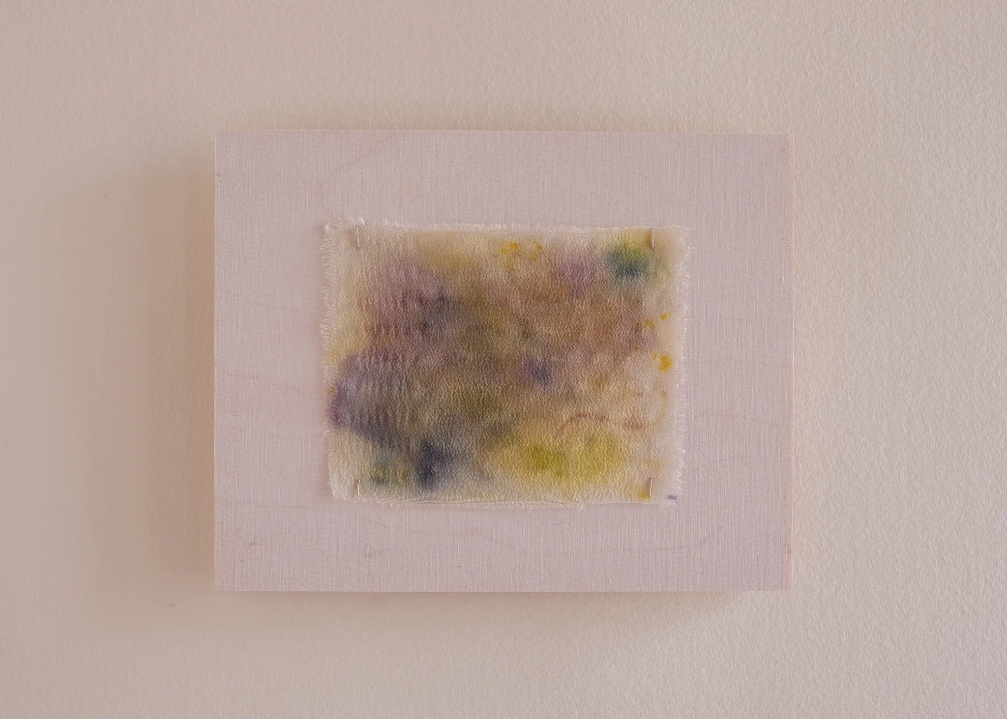 'Quietly come, quietly go', 2025. Edition 66 of 80. Birch ply, silk crepe de chine, foraged plant pigments, steel. 12 × 15 cm. Part of 'Quietly come, quietly go' PhD fundraiser. Private collection.
