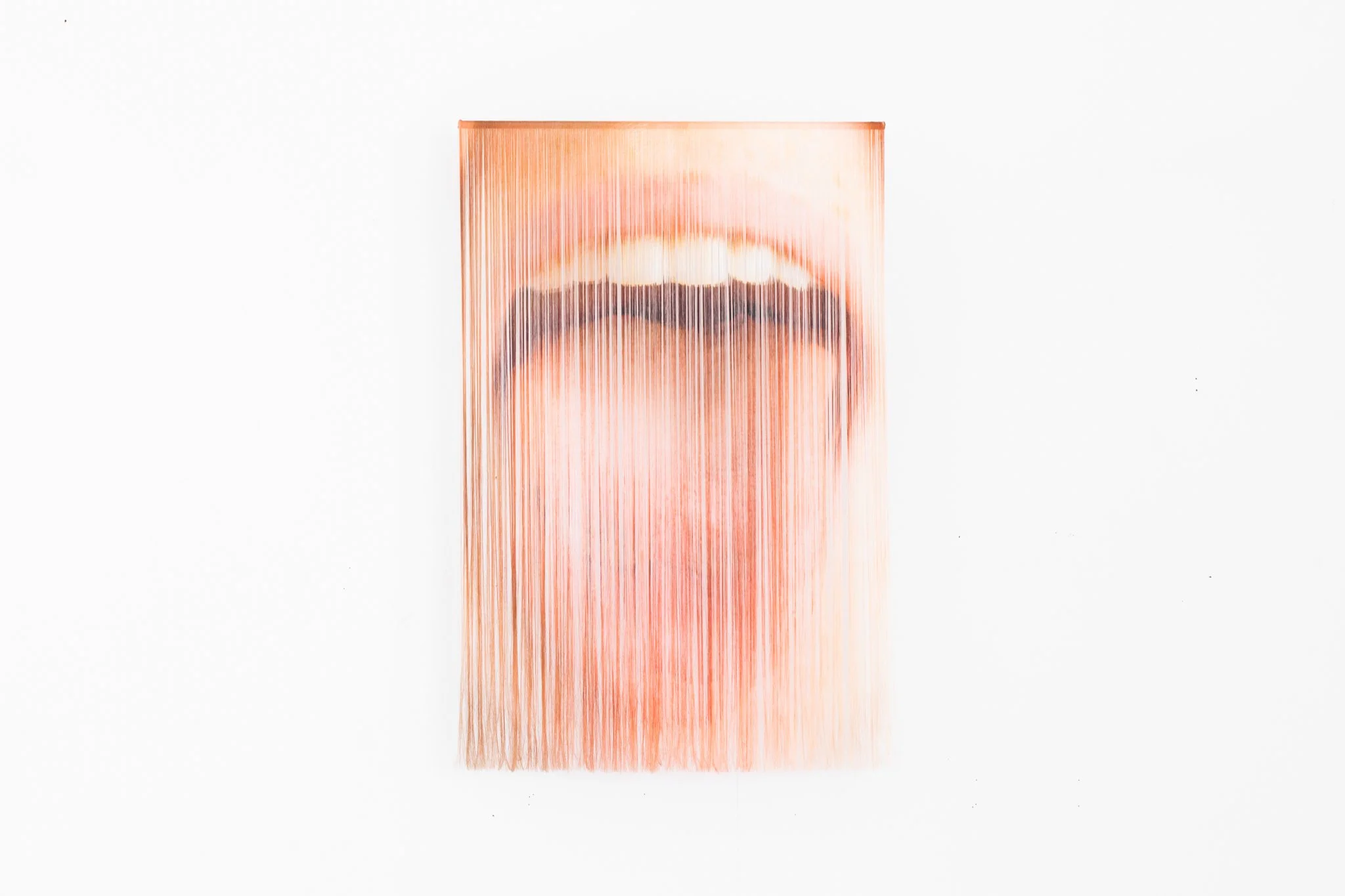 'Hold Your Tongue', 2022. Silk. 120 x 70 cm. Commissioned for the 'Caring Futures' and exhibition and installed at Sølvberget Galleri, Stavanger, Norway, as part of the project 'Split Observations'. Photography: Paula Duva.