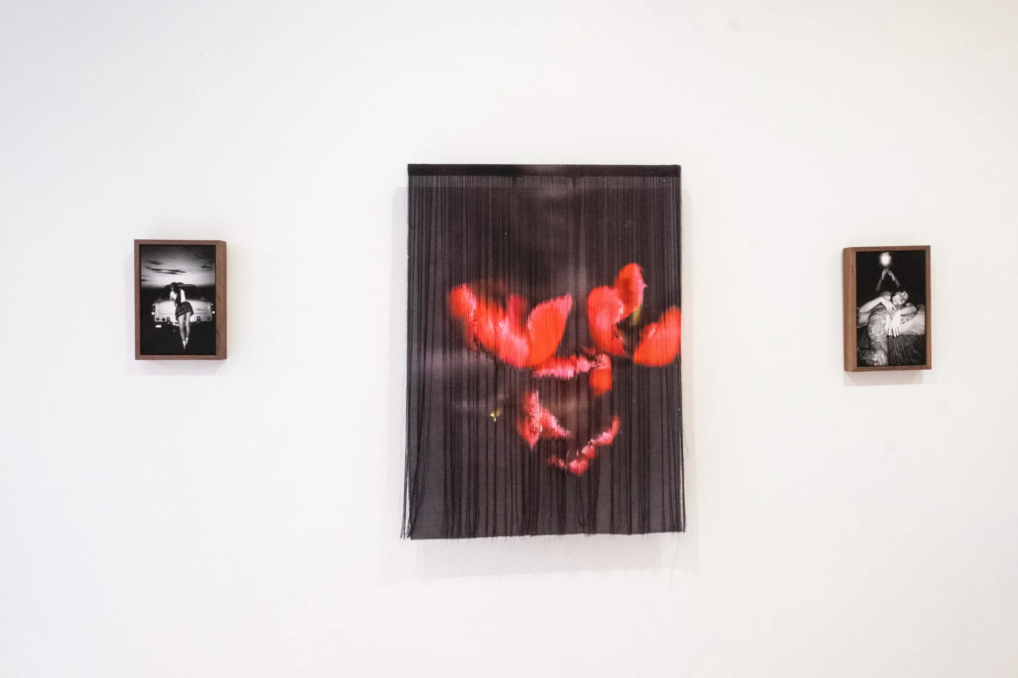 'The Universe Gathers Around The Dreams of Tulips', 2026. Silk, mahogany. 92 x 66.5 x 2.8 cm.
Presented as part of 'Are We Really Here', HBH Gallery, Fitzrovia, London.  
Photography: Thomas Hjelm