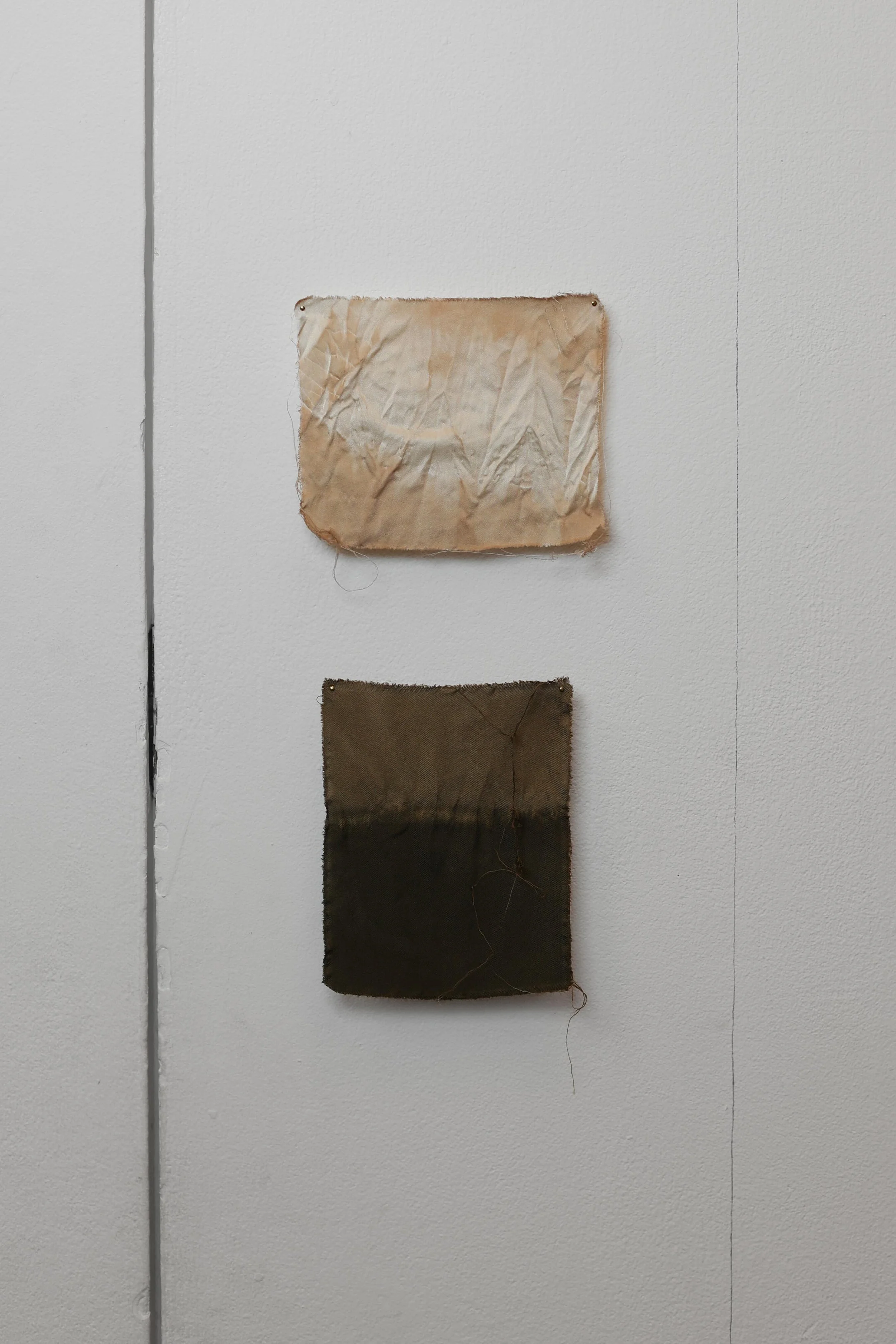 'Thin Skin, Thin Places', 2025.
Silk, rosemary pigment, brass. Dimensions variable.
Presented as part of 'Surfaced', Beaconsfield Gallery, London. Photography: Joseph Hall.
