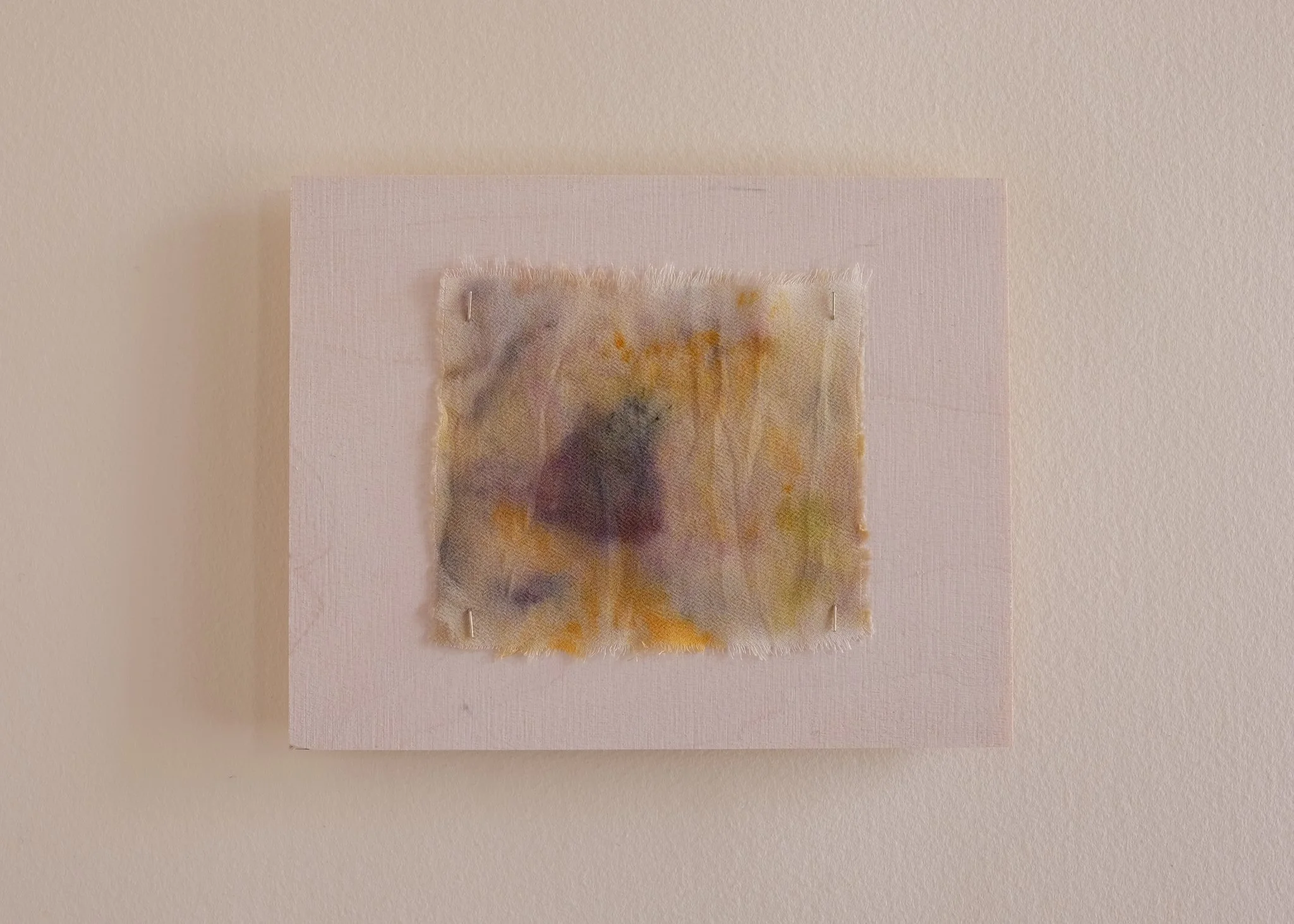 'Quietly come, quietly go', 2025. Edition 71 of 80. Birch ply, silk crepe de chine, foraged plant pigments, steel. 12 × 15 cm. Part of 'Quietly come, quietly go' PhD fundraiser. Private collection.