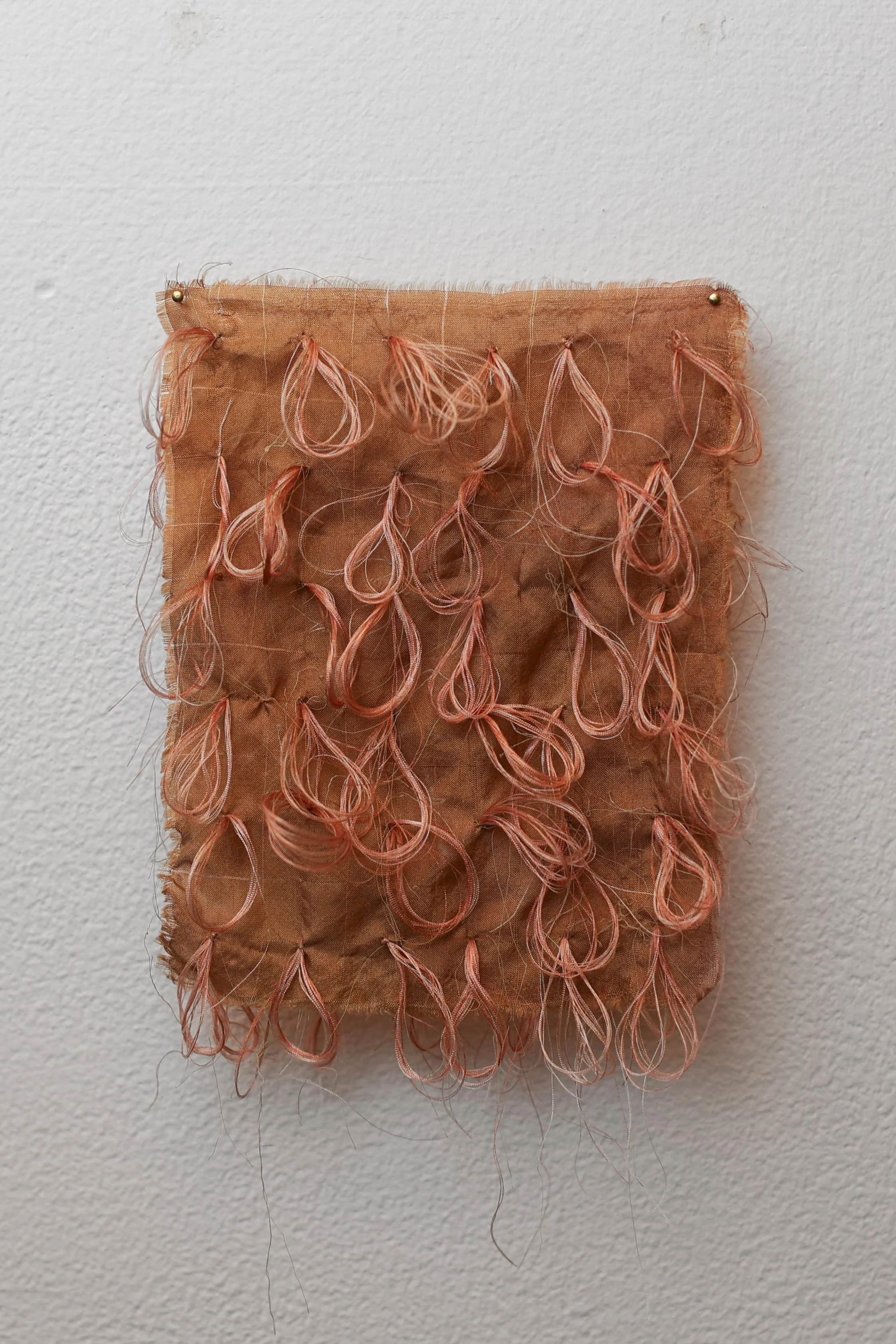 'Thin Skin, Thin Places', 2025.
Silk, rosemary pigment, brass. 15 × 12 cm.
Presented as part of 'Surfaced', Beaconsfield Gallery, London. Photography: Joseph Hall.