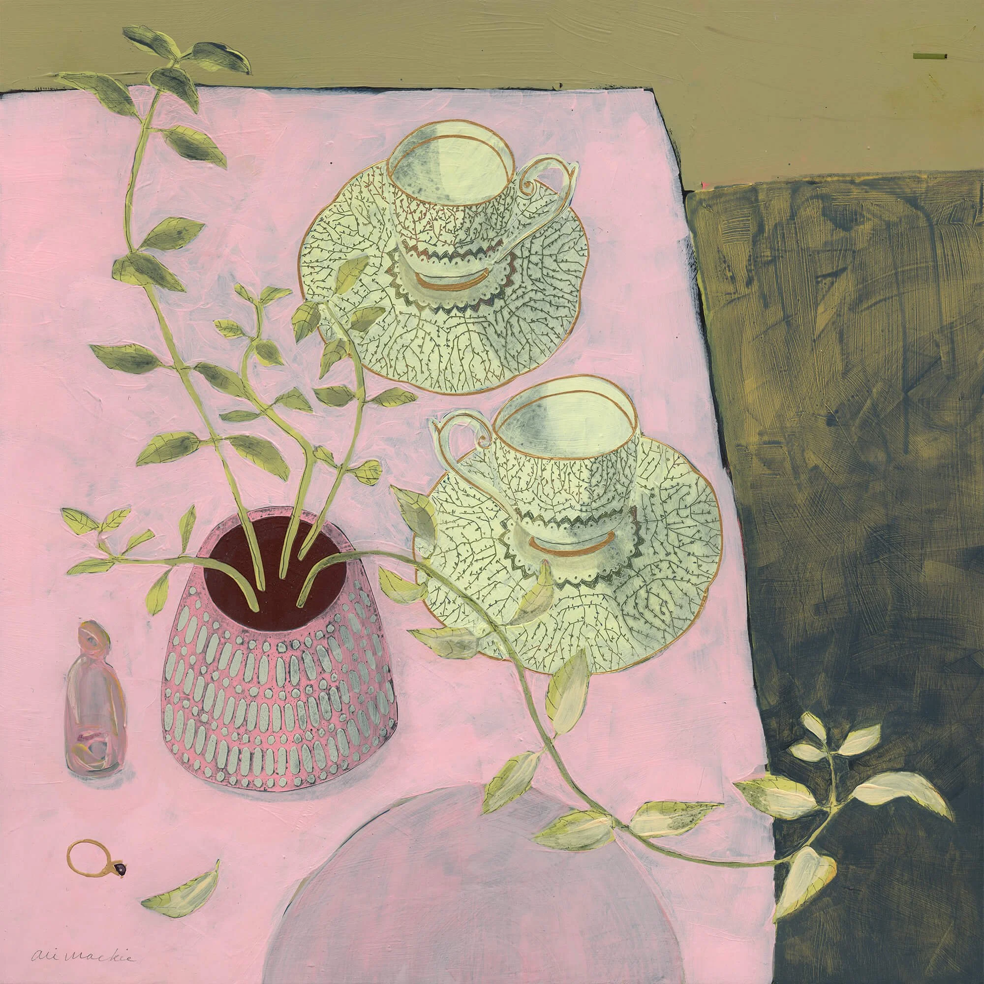 Still life painting featuring a soft pink table setting with two patterned teacups on saucers, a textured pink vase holding leafy green mint stems, a small ring, and a small glass bottle.