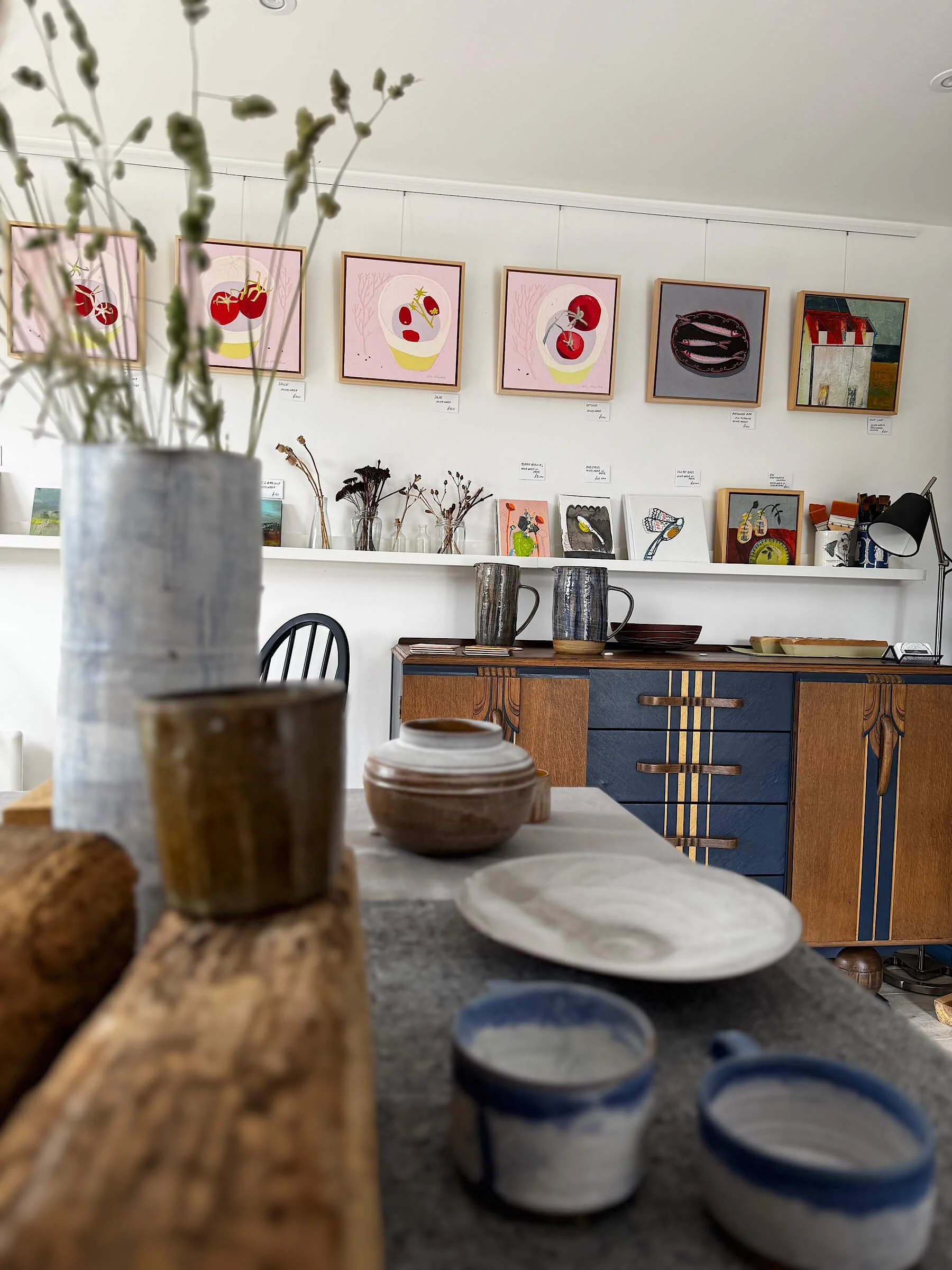 Handmade Ceramics and Pink Botanical Still Life Display