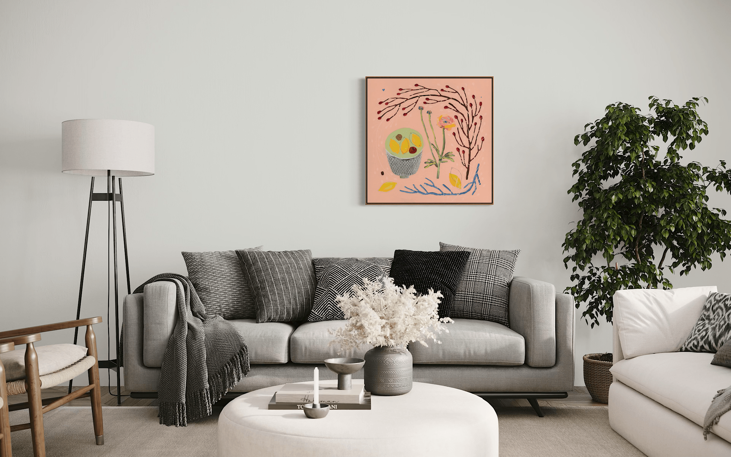 Ali Mackie original pink still life painting Grace and Bill styled above a grey sofa in a neutral modern Scandinavian living room