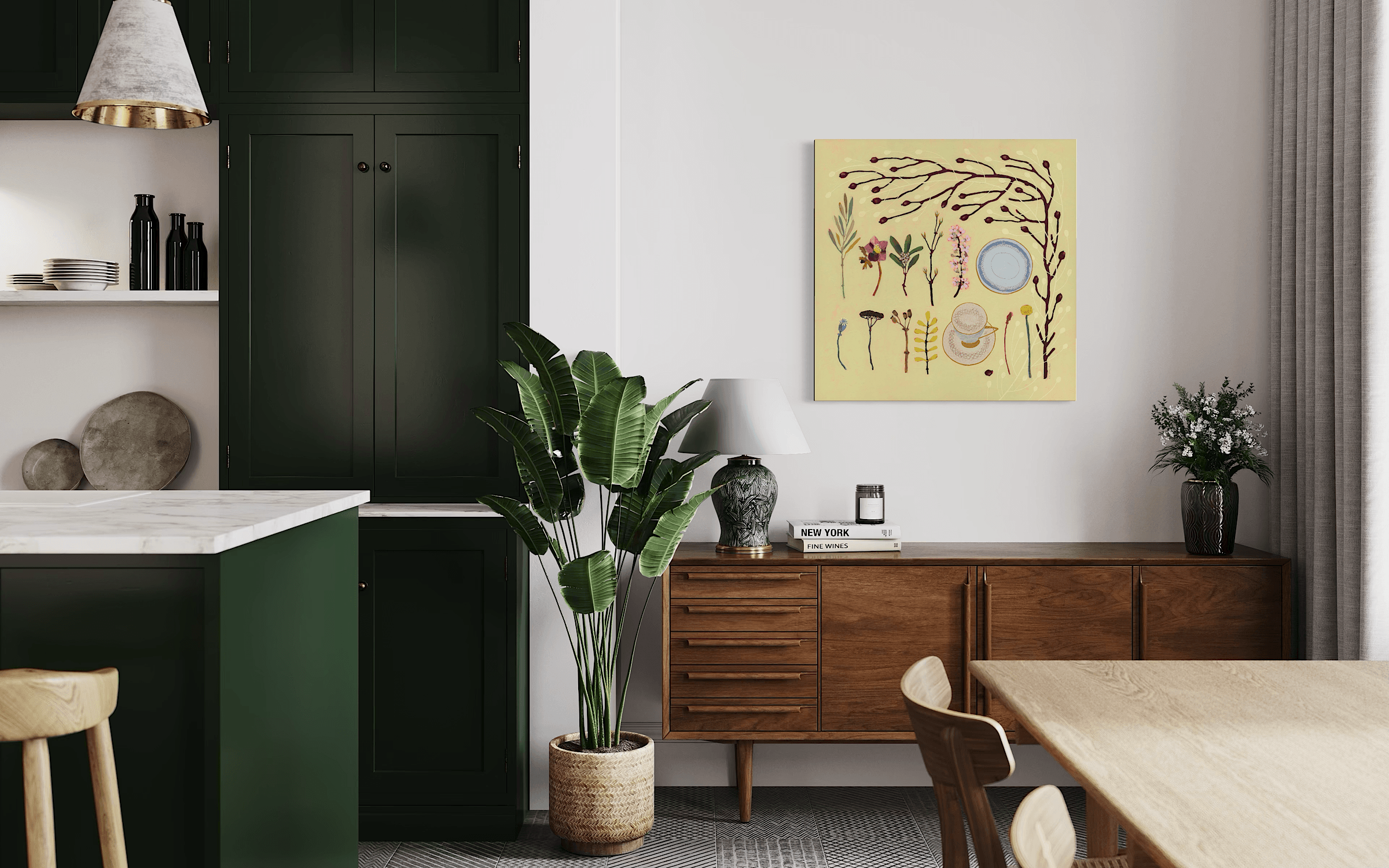 Large 80cm original botanical painting by Ali Mackie styled on a white wall above a wooden sideboard in a contemporary green kitchen.