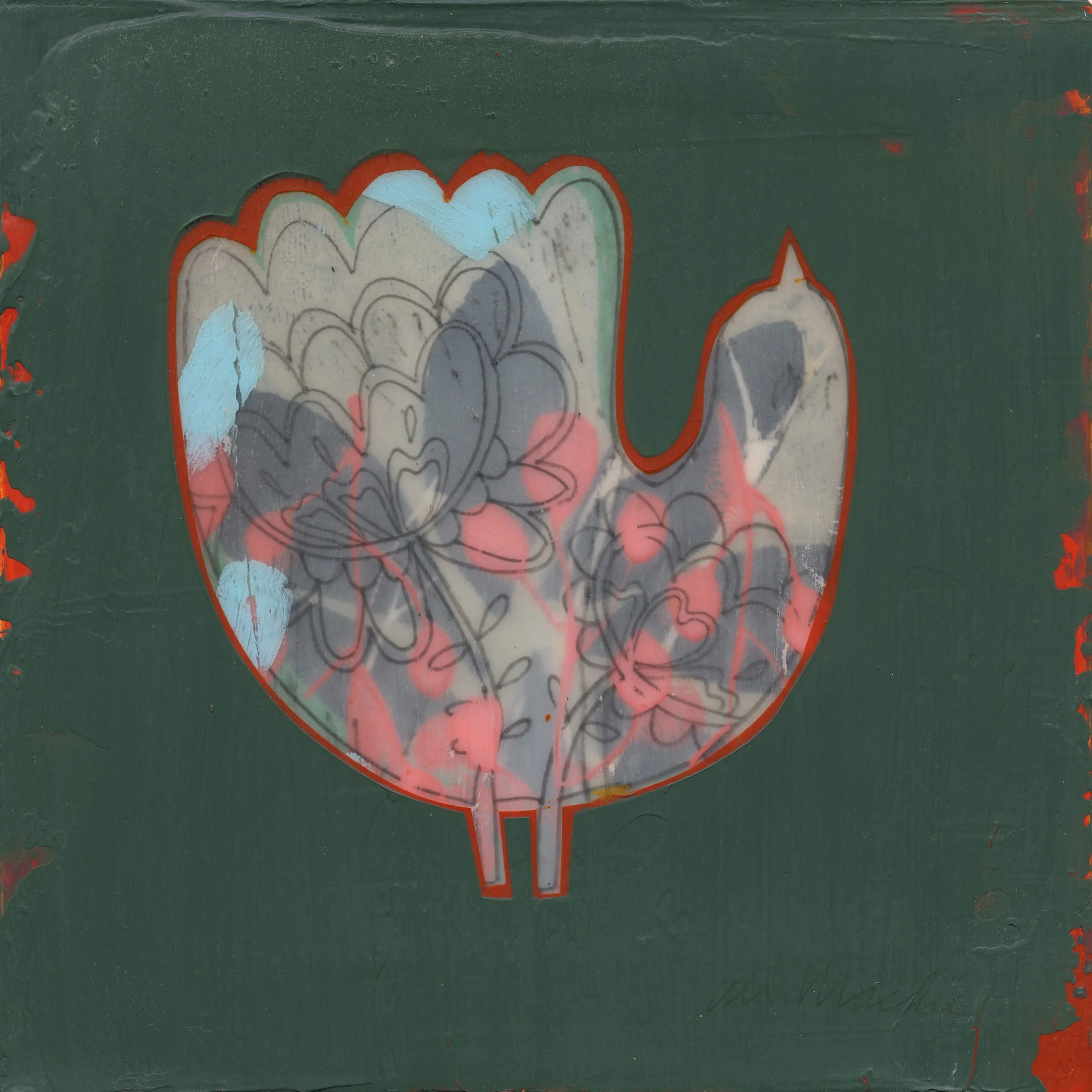 Flora by Ali Mackie | Contemporary Folk Art Bird Painting on Cradled Board | 20cm x 20cm | £250