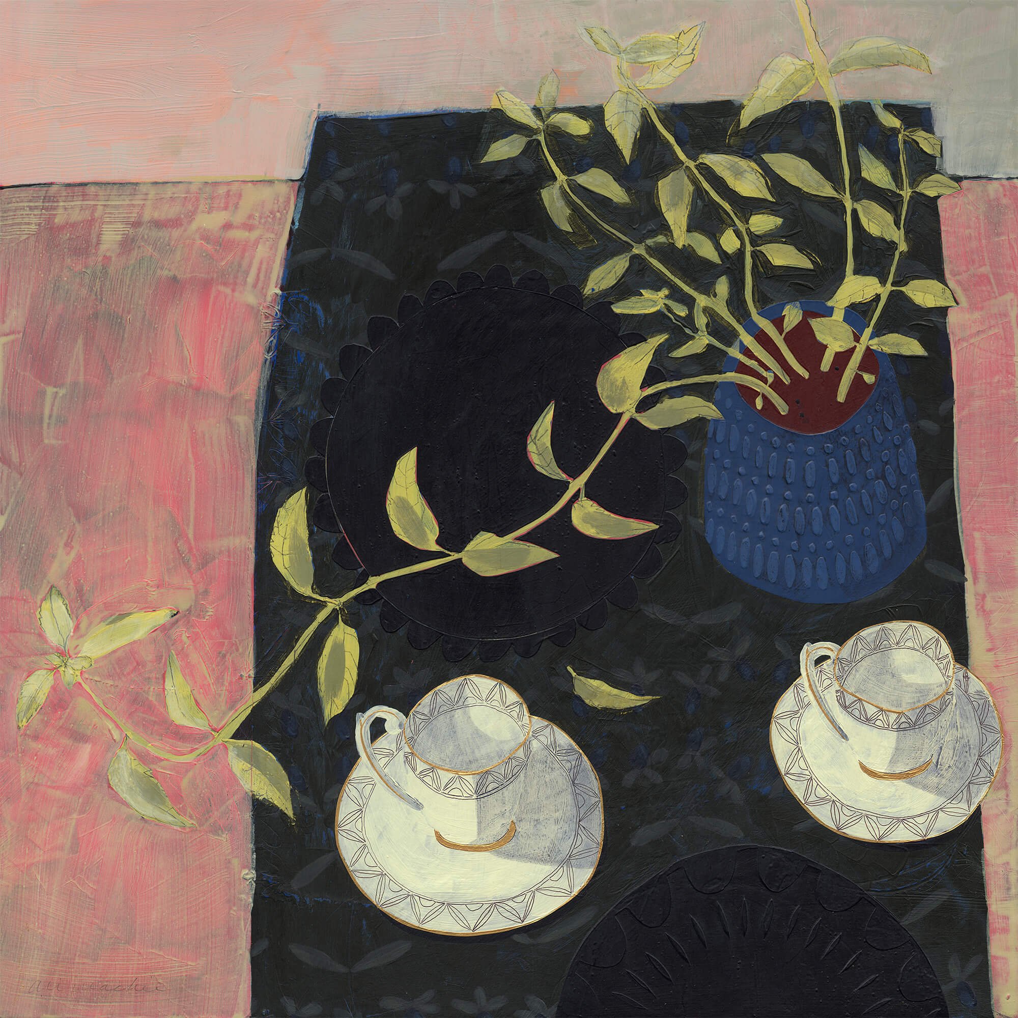 Top-down still life painting showing a dark, patterned table runner over a soft pink background, featuring two teacups on saucers, a dark scalloped tray, and a deep blue vase with trailing leafy branches.