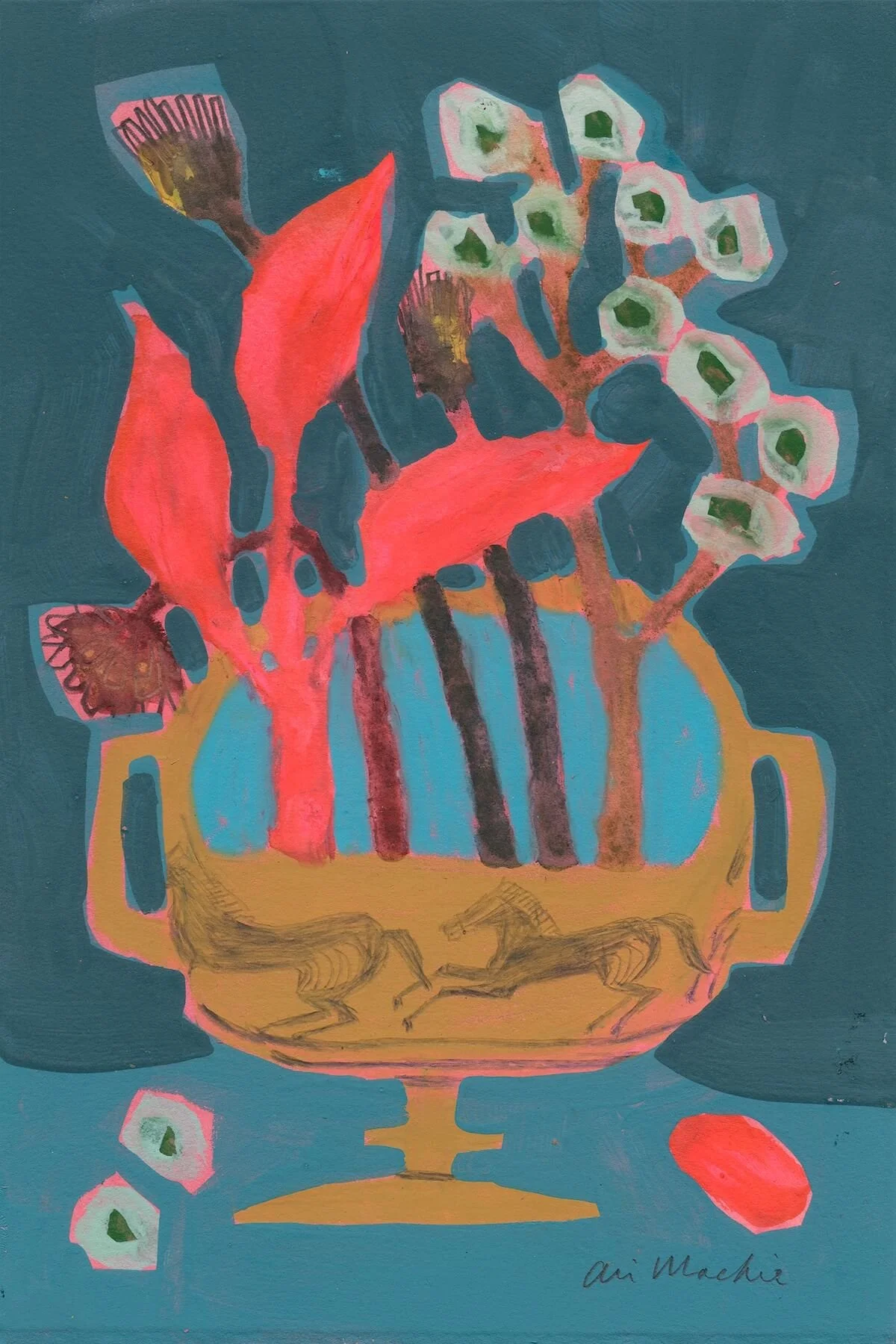 Xanthus: The Golden Steed by Ali Mackie | Contemporary Folk Art Botanical Painting on Paper | 19cm x 28cm | £200