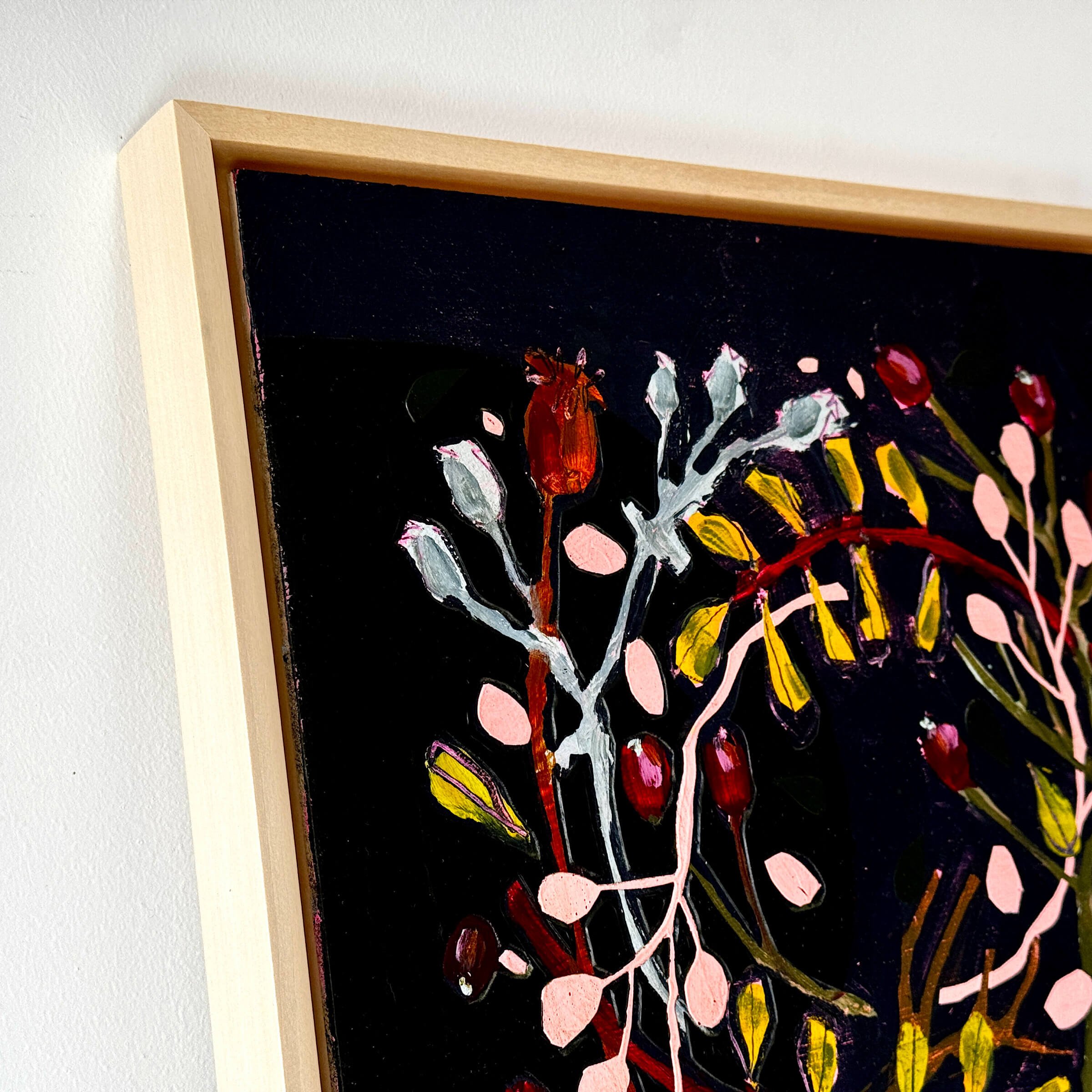 Close up texture detail of pink botanical linework and deep red berry motifs in the Wallis painting by Ali Mackie.