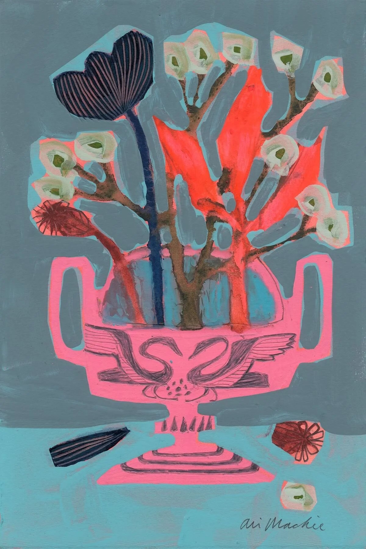 Kyknos: The Sacred Swan by Ali Mackie | Contemporary Folk Art Botanical Painting on Paper | 19cm x 28cm | £200