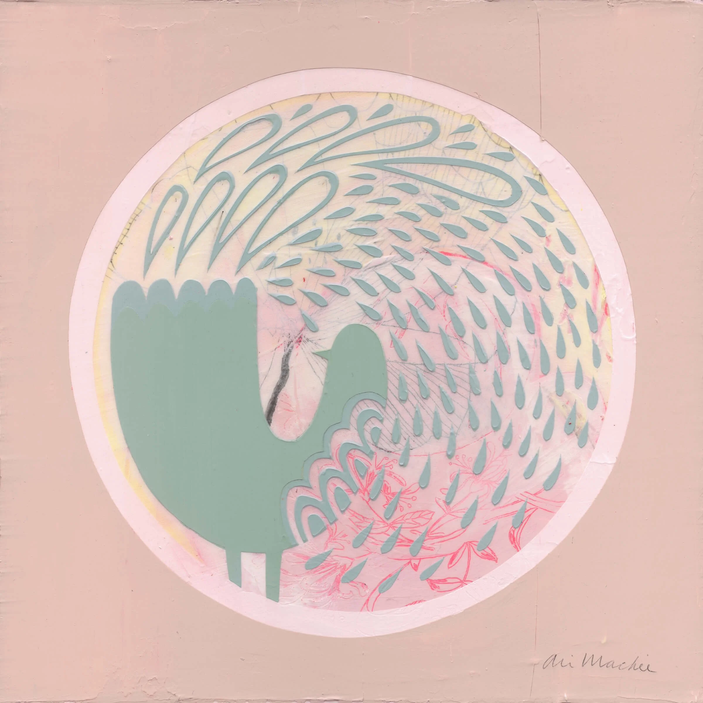 Key Keeper by Ali Mackie | Contemporary Folk Art Bird Painting on Board, 30cm x 30cm | Available via Emerald Frames