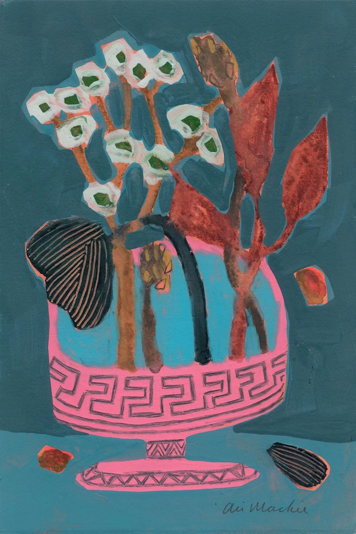 Meander: The Classical Key Pattern by Ali Mackie | Contemporary Folk Art Botanical Painting on Paper | 19cm x 28cm | £200