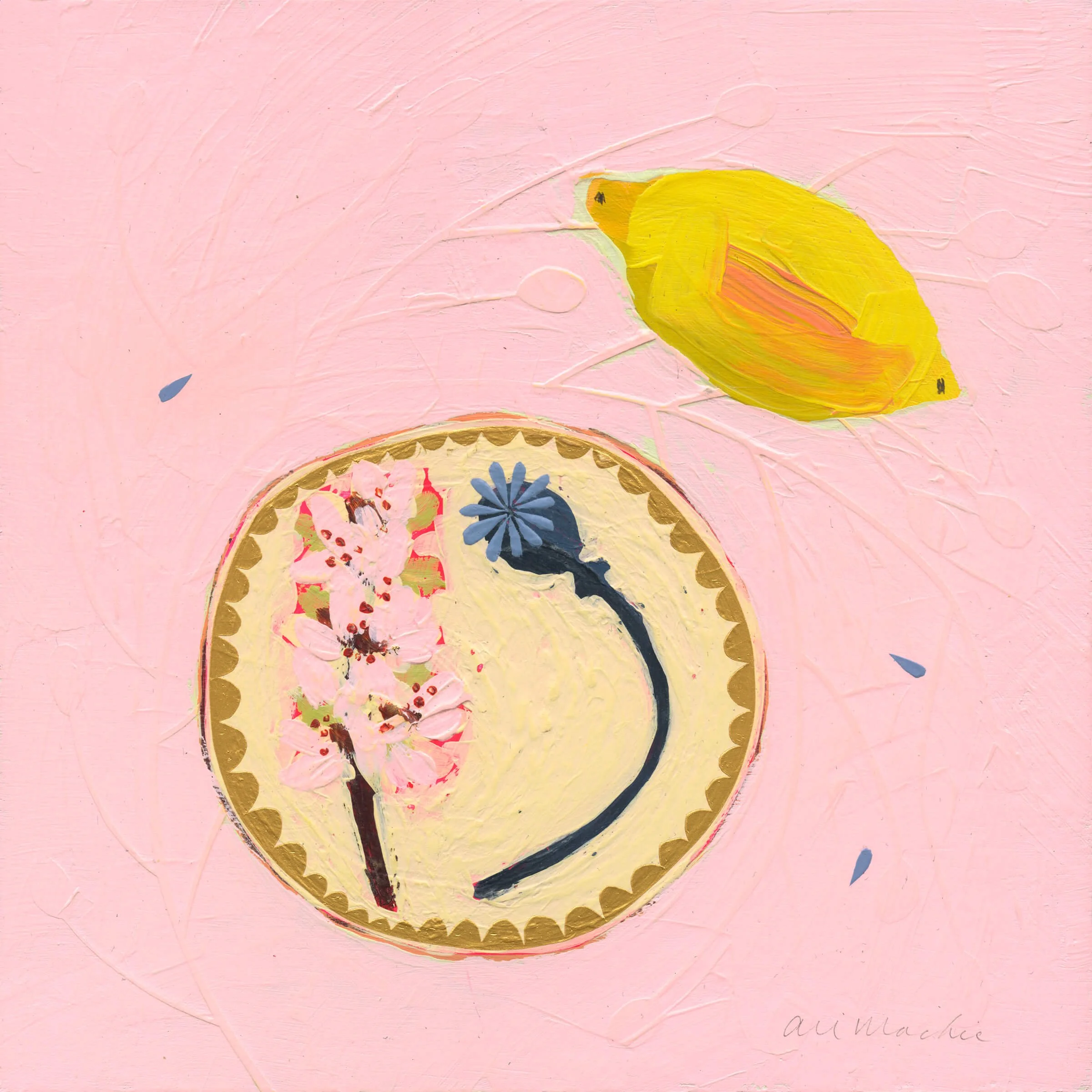 A square contemporary still-life painting titled Sweet, featuring a single textured yellow lemon floating above a cream-coloured porcelain saucer with pink flowers and a dark seed pod, set against a soft pink background.