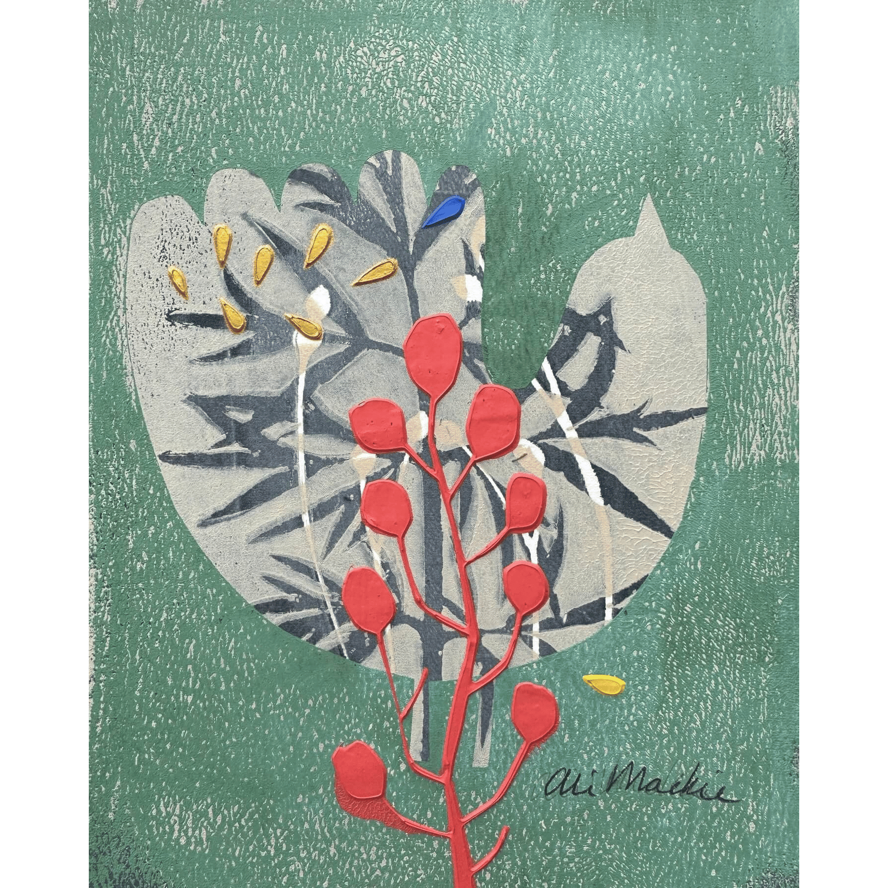 Finch by Ali Mackie | Contemporary Folk Art Bird Monoprint on Paper | 22cm x 16cm | £140