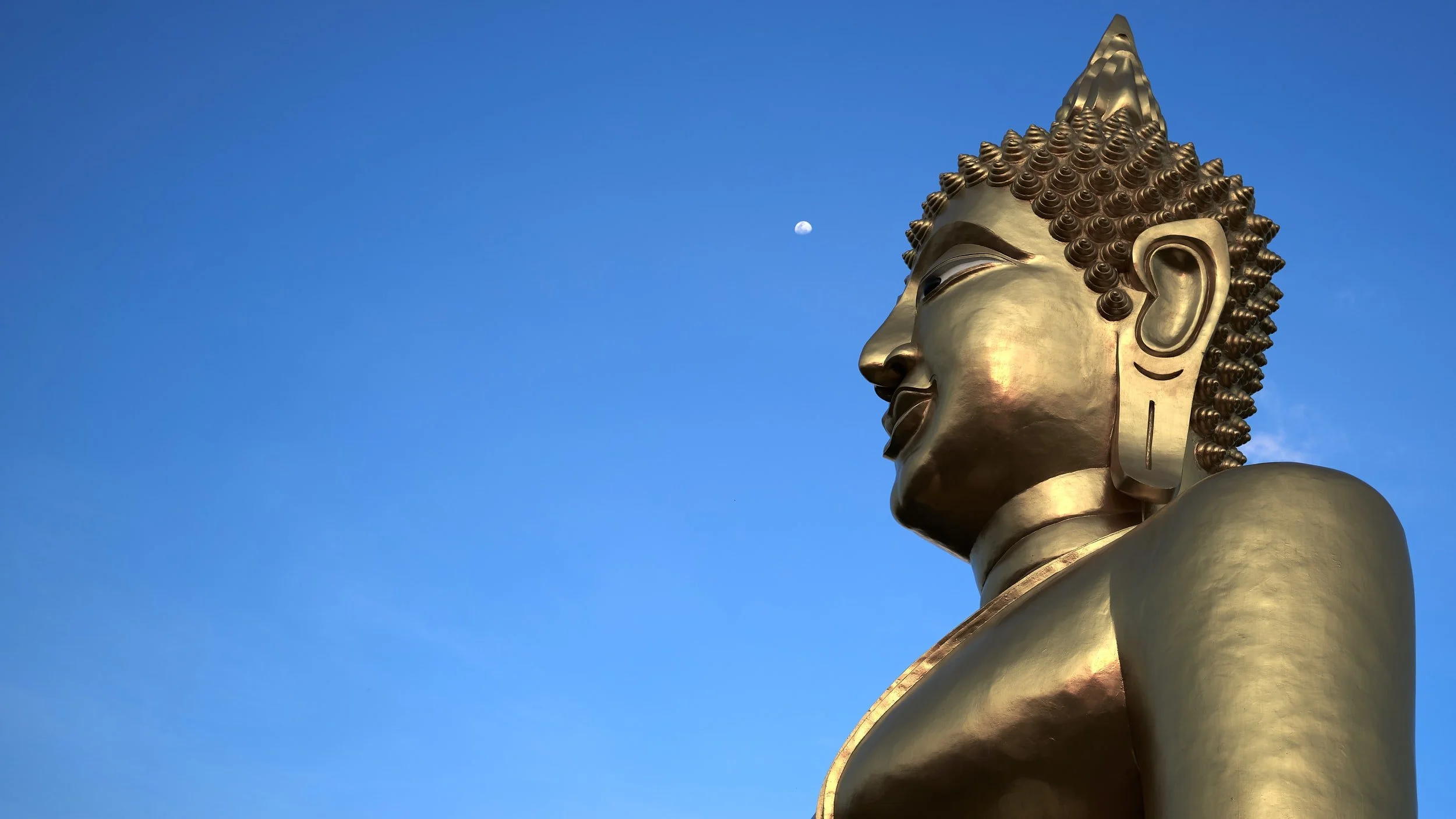 A large golden Buddha statue view from the side, with a clear blue sky and the moon in the background.