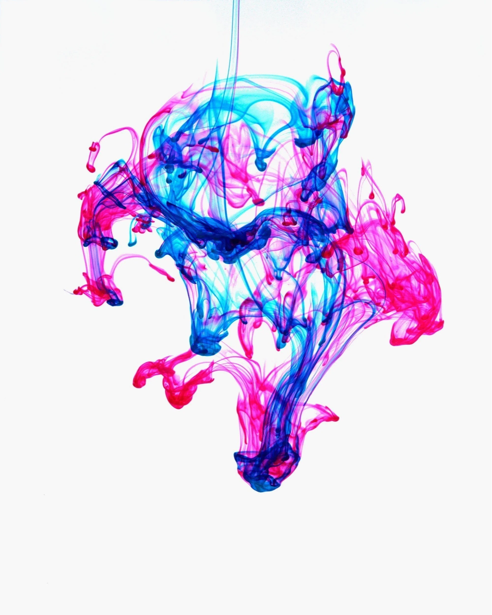 Fine art photograph of ink in water. Pink,  blue, white background