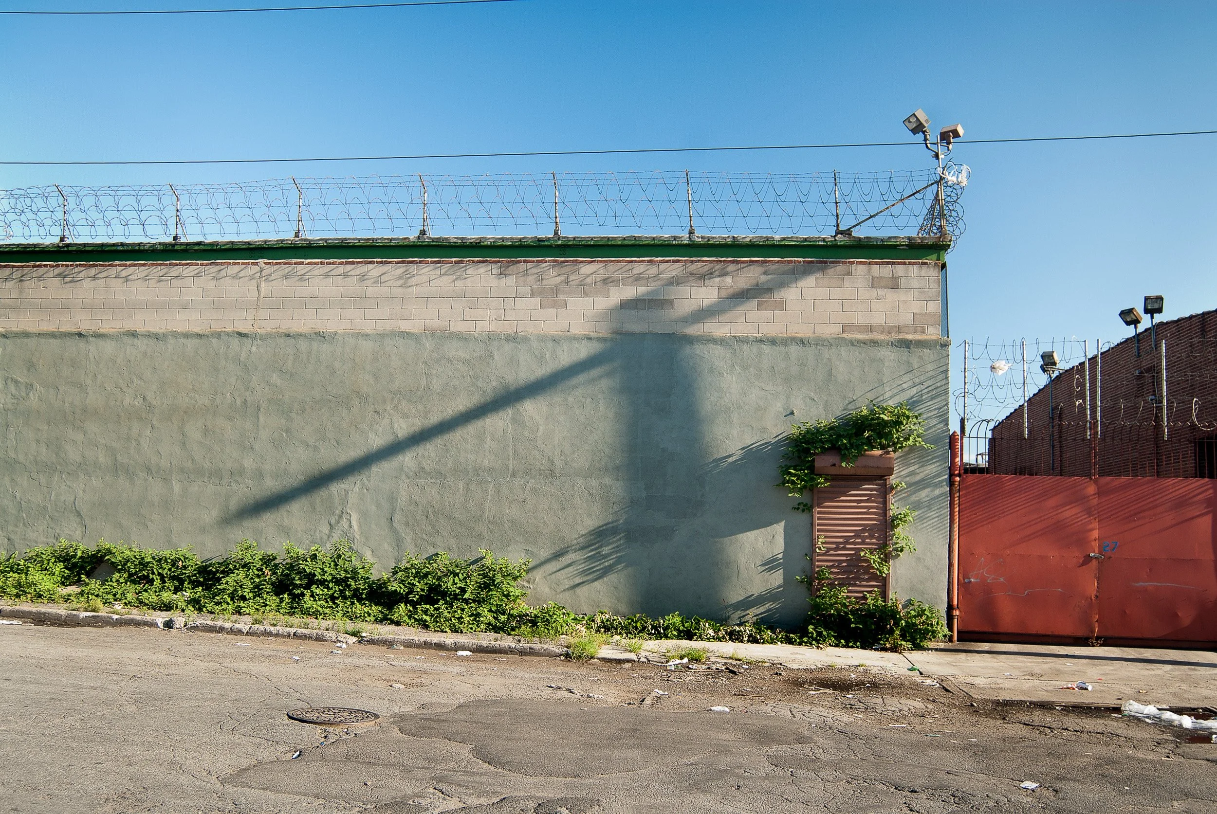 A solid green wall with some greenery at the bottom, a red metal gate with a small plant growing next to it, barbed wire fencing on top, police security cameras, and a clear blue sky overhead.