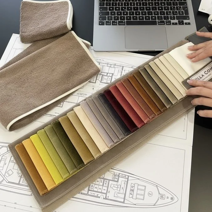 Stacked fabric swatches in various colors placed on a color sample chart.