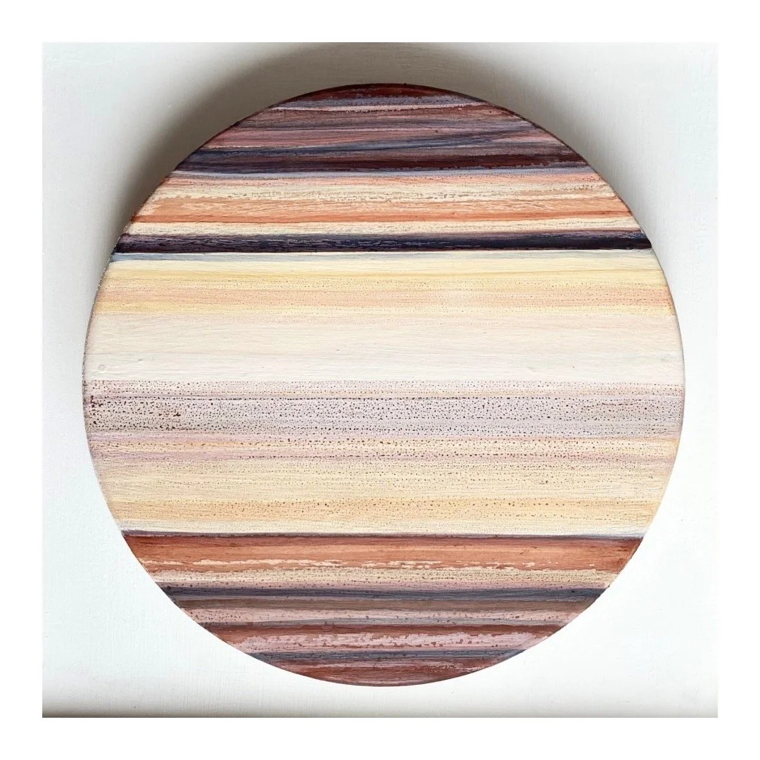 Golden Glow. Earth ochres, chalk white and indigo on wood. 20cm diameter, unframed, £125