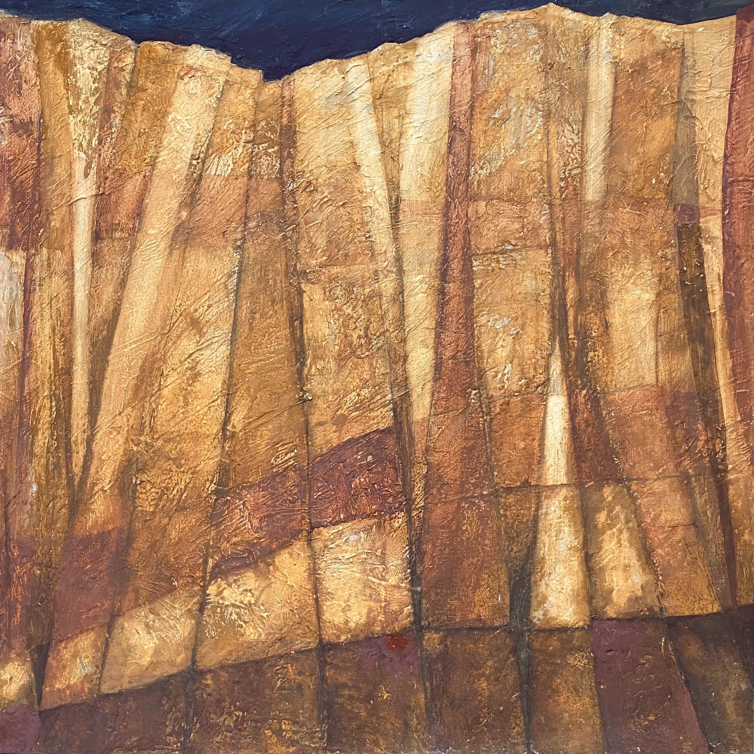 Rockface, Ochres, Manganese and Woad on wood, 30cm x 30cm, framed SOLD