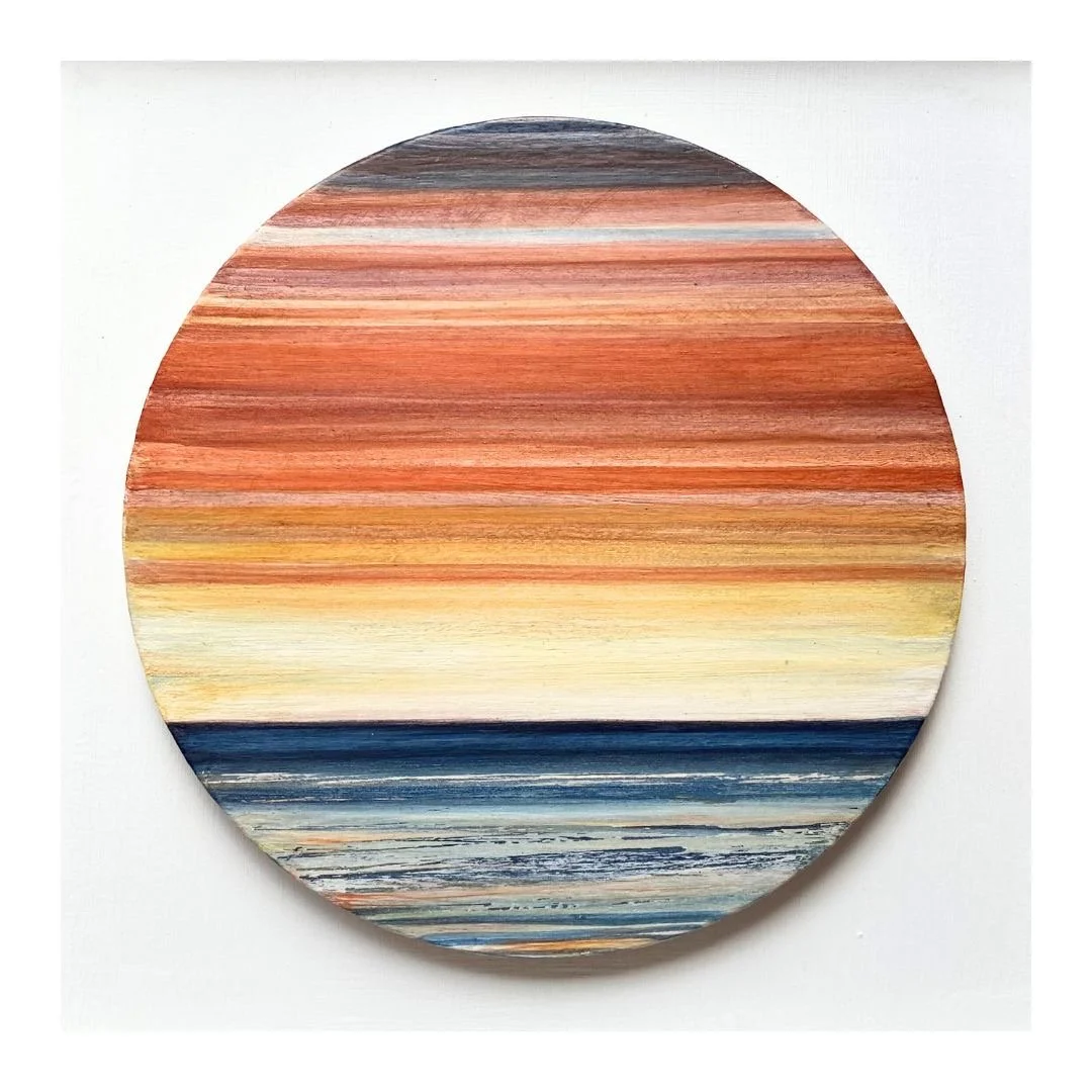 Summer Glow.Earth ochres, chalk white and indigo on wood. 30cm x 30cm, framed, £150.