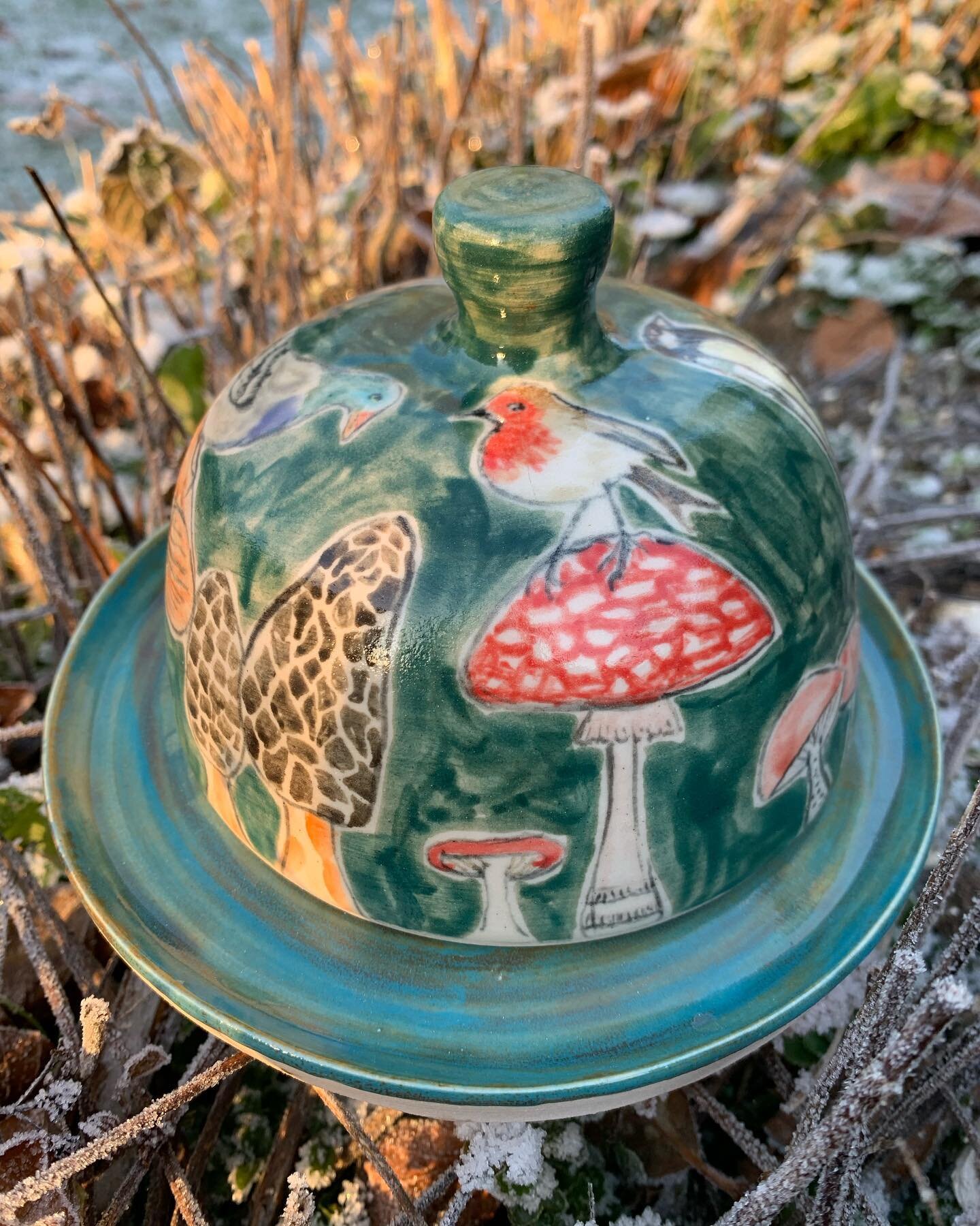 Birds and toadstool thrown butter dish , so enjoyed making this !
