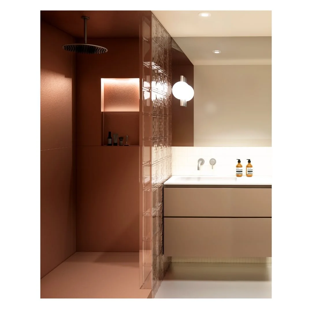 Concept design process..
Bathroom 3D render

Design and coordination by @studio___p3 
Render by visuals-space.com

#concept #design #designprocess #bathroomdesign #custom #bespoke #deepred #terracota #glassbrick #mirror #3d #render #visual #interiora