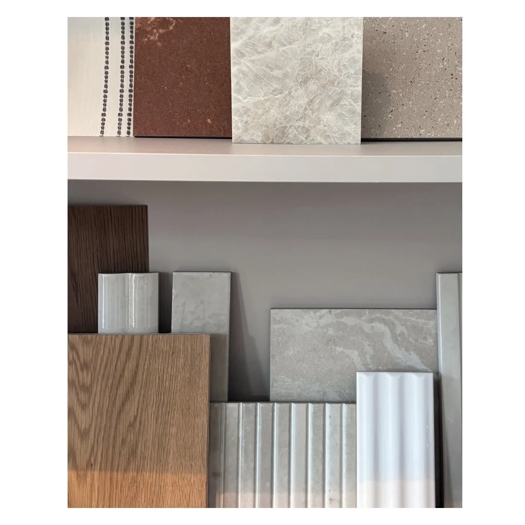The start of our design process.. 
We refer to our sample library at the beginning of every project. 

Our sample library is chaotic, ever changing with materials being moved around to explore how different finishes work together. 

Light plays a cru