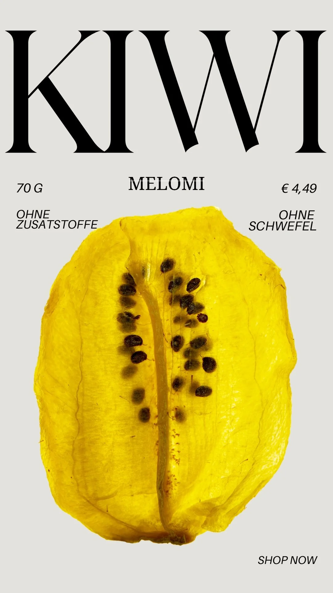 Werbung für eine Melone, mit einem Bild einer hellgelben, gekochten Melone und Textangaben zu Gewicht, Preis und Eigenschaften in Deutsch.