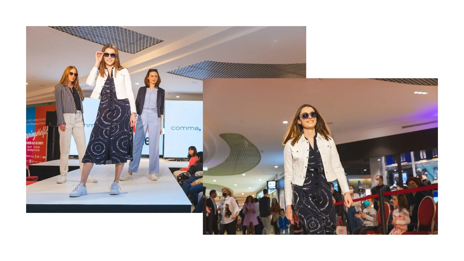 Frauen beim Mode-Event im Einkaufszentrum, auf dem Laufsteg und im Publikum.