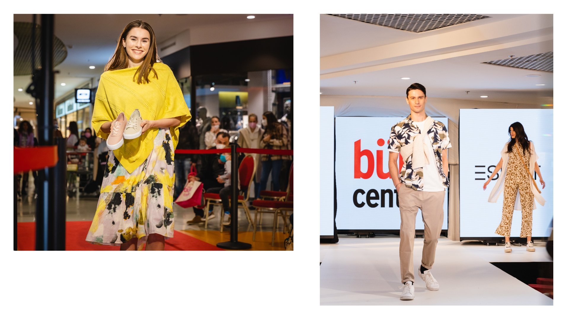 Bilder von Mode-Modeln bei einer Modenschau, links eine junge Frau im gelben Oberteil und floralem Rock, die Schuhe in den Händen hält, rechts ein junger Mann in einem Hawaii-Shirt und beige Hosen auf dem Laufsteg, im Hintergrund Bildschirme mit Logo